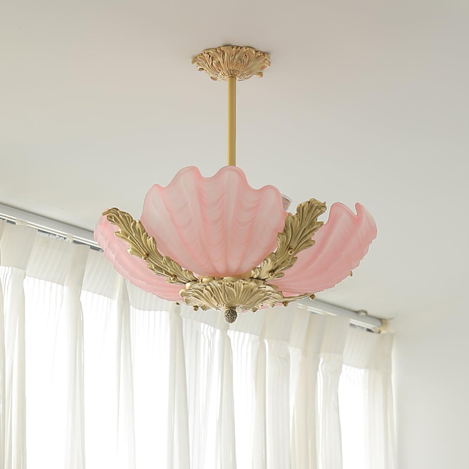 Lampe Pendante Coquille Murano Rose avec Barre Laiton Baroque Flair Artistique - Neutralighting