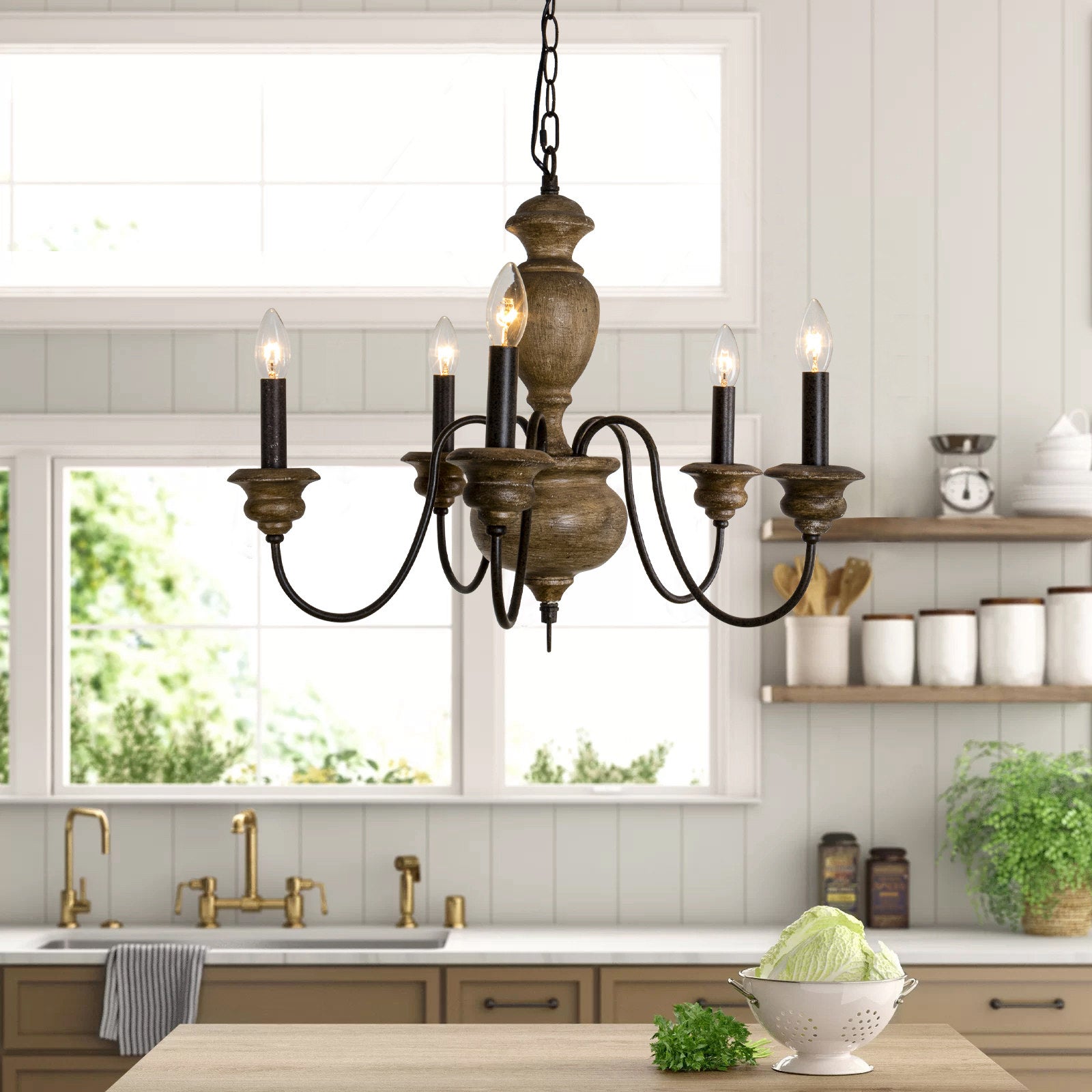 Evvine Vintage Industrial Wood Metal Chandelier - Lamp Copper