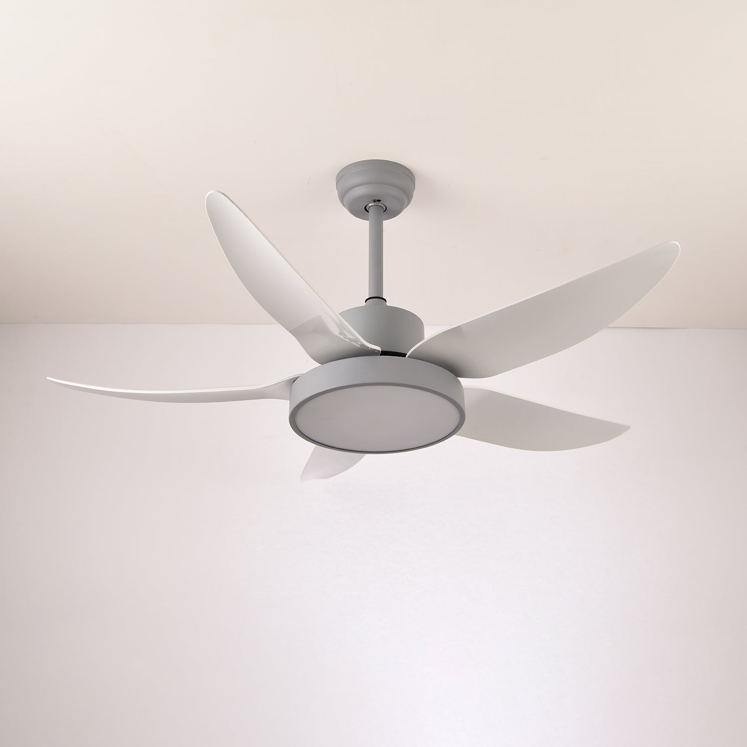 Vue de dessus des pales du ventilateur et de la lumière centrale.