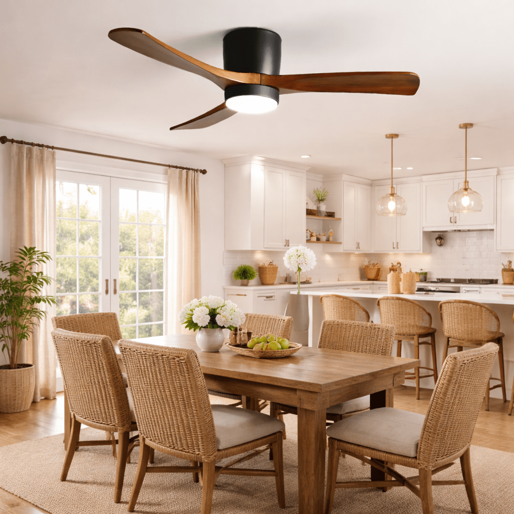 Ventilateur de plafond en bois nordique Ezra avec lumière dans une salle à manger, offrant à la fois lumière et circulation d'air.
