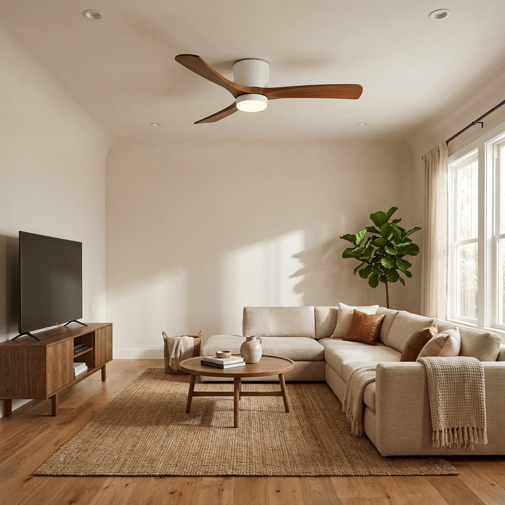 Télécommande portable pour une utilisation facile du ventilateur de plafond en bois nordique Ezra avec lumière.