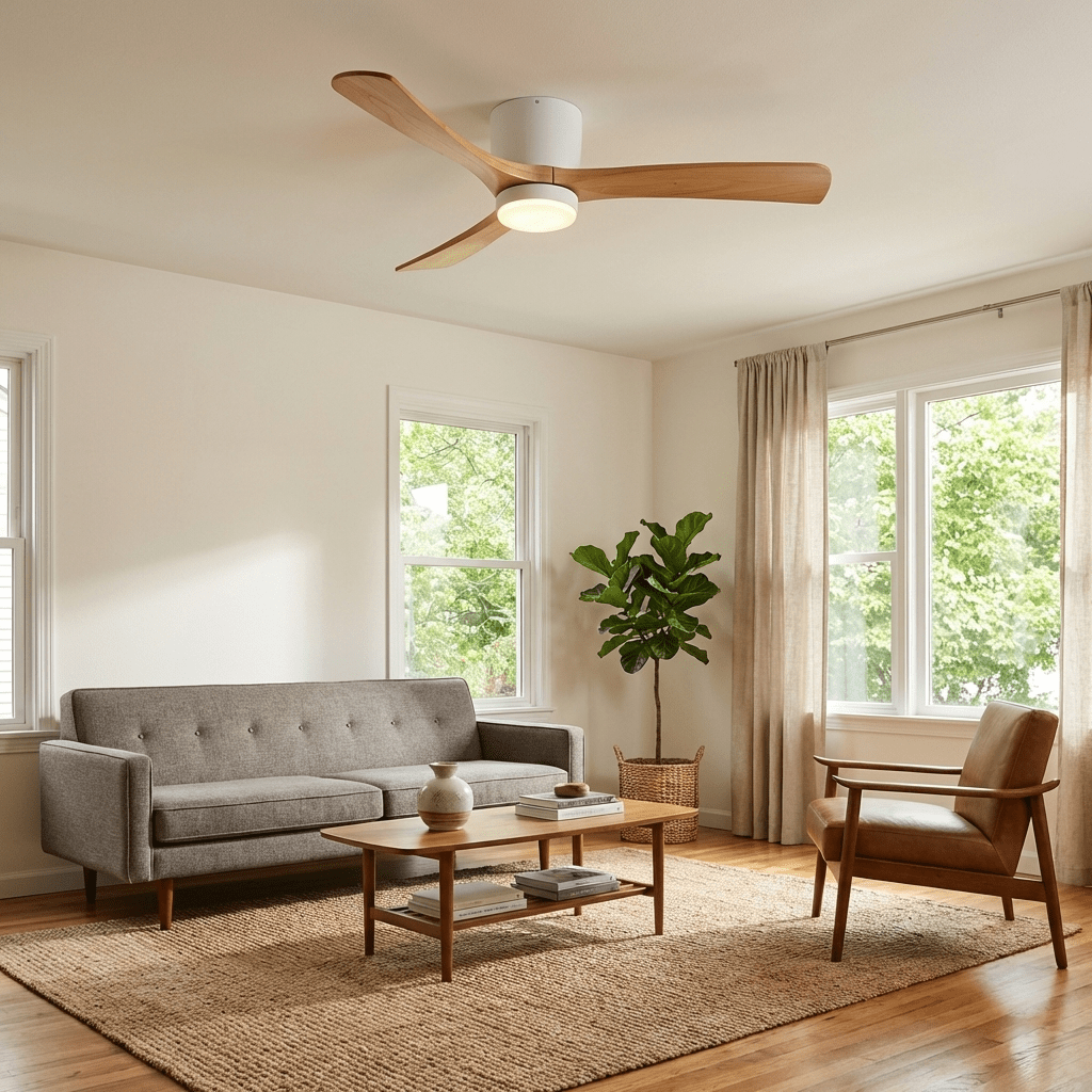 Ventilateur de plafond en bois nordique Ezra avec lumière, vu d'en bas, soulignant son esthétique minimaliste.