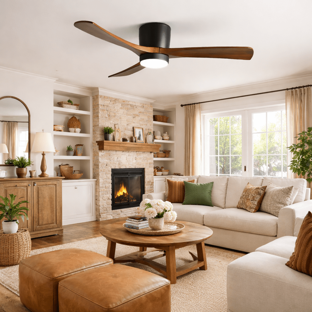 Profil latéral du ventilateur de plafond nordique Ezra avec lumière, soulignant sa construction fine et élégante.