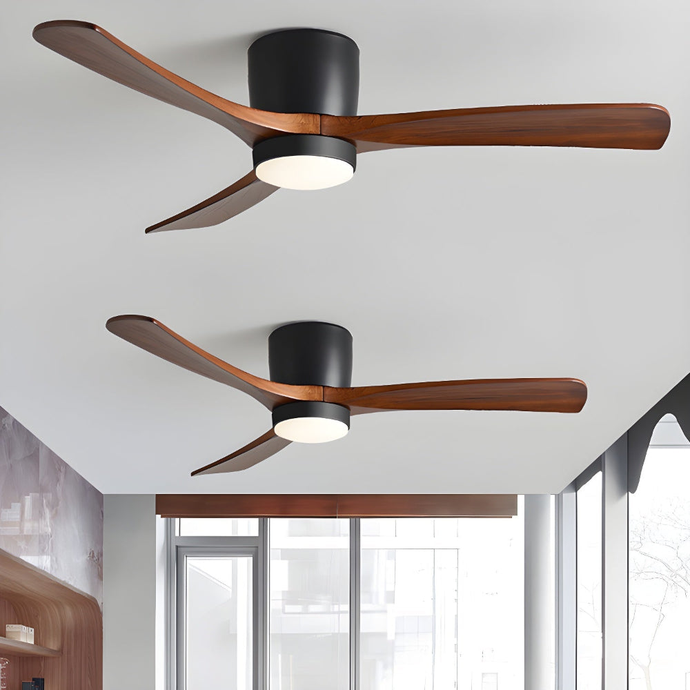 Plafonnier ventilateur moderne Elena avec LED intégrée dans un salon contemporain.
