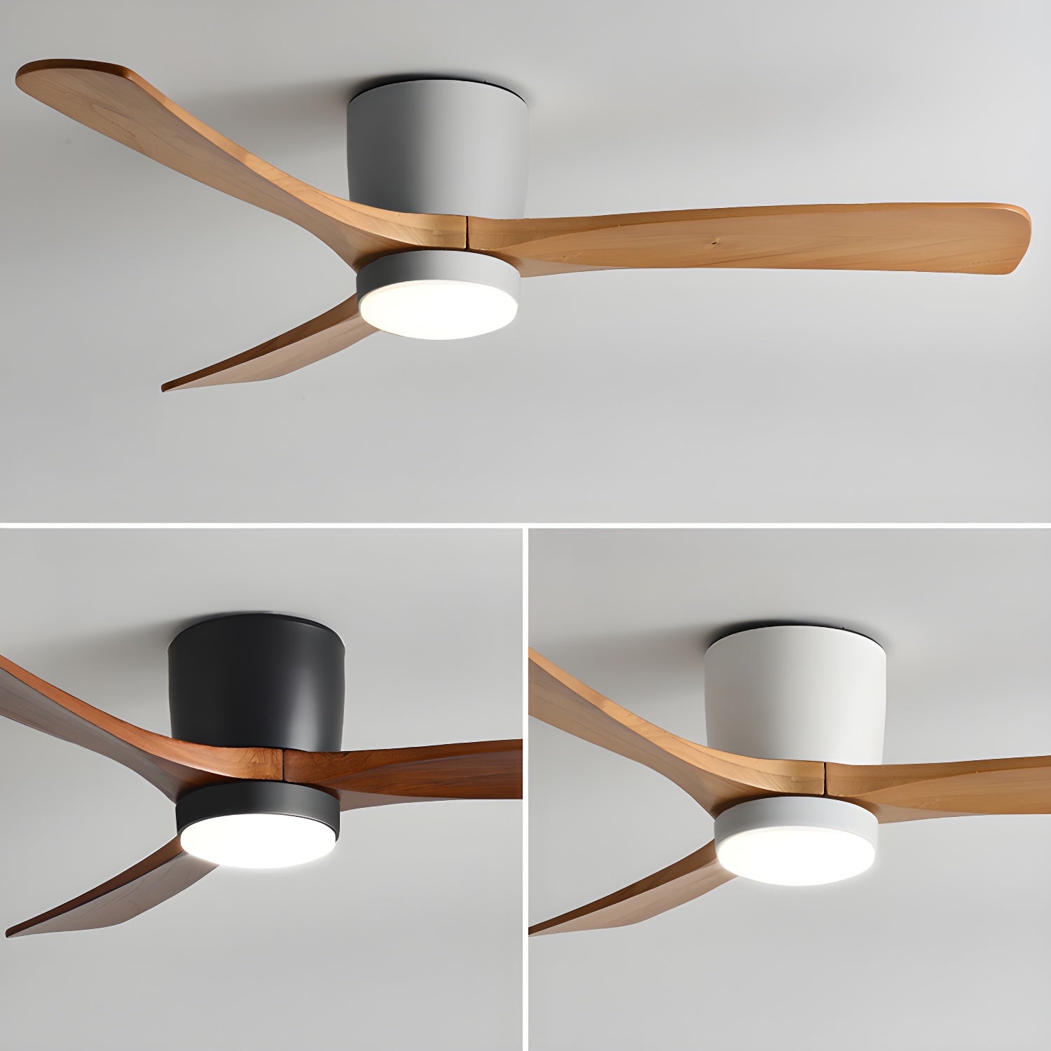 Ventilateur de plafond en bois nordique Ezra avec lumière dans une salle à manger, offrant à la fois lumière et circulation d'air.