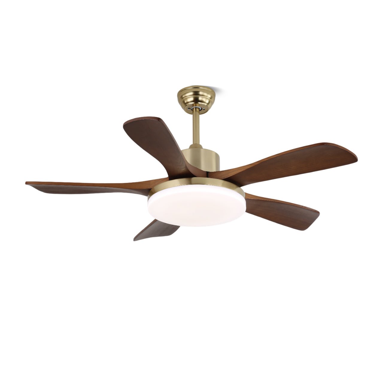 Vue latérale du design du ventilateur de plafond luminaire Aurelia en bois