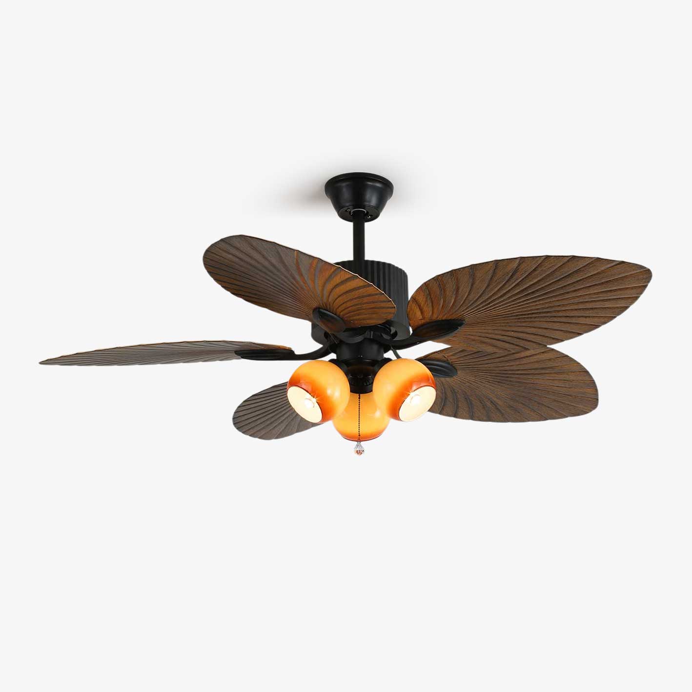 Plafonnier ventilateur Avinionis Palm Whisper en bois vintage dans un salon