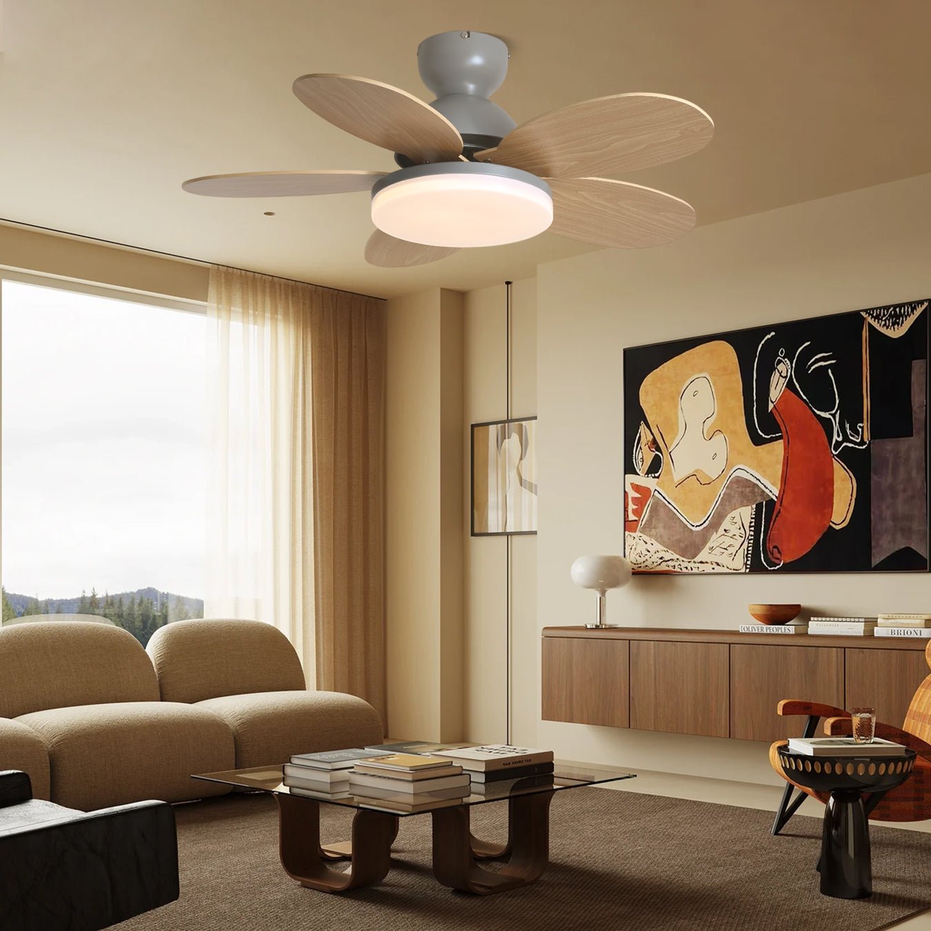 Plafonnier ventilateur Liora pour enfants, détail des pales en bois