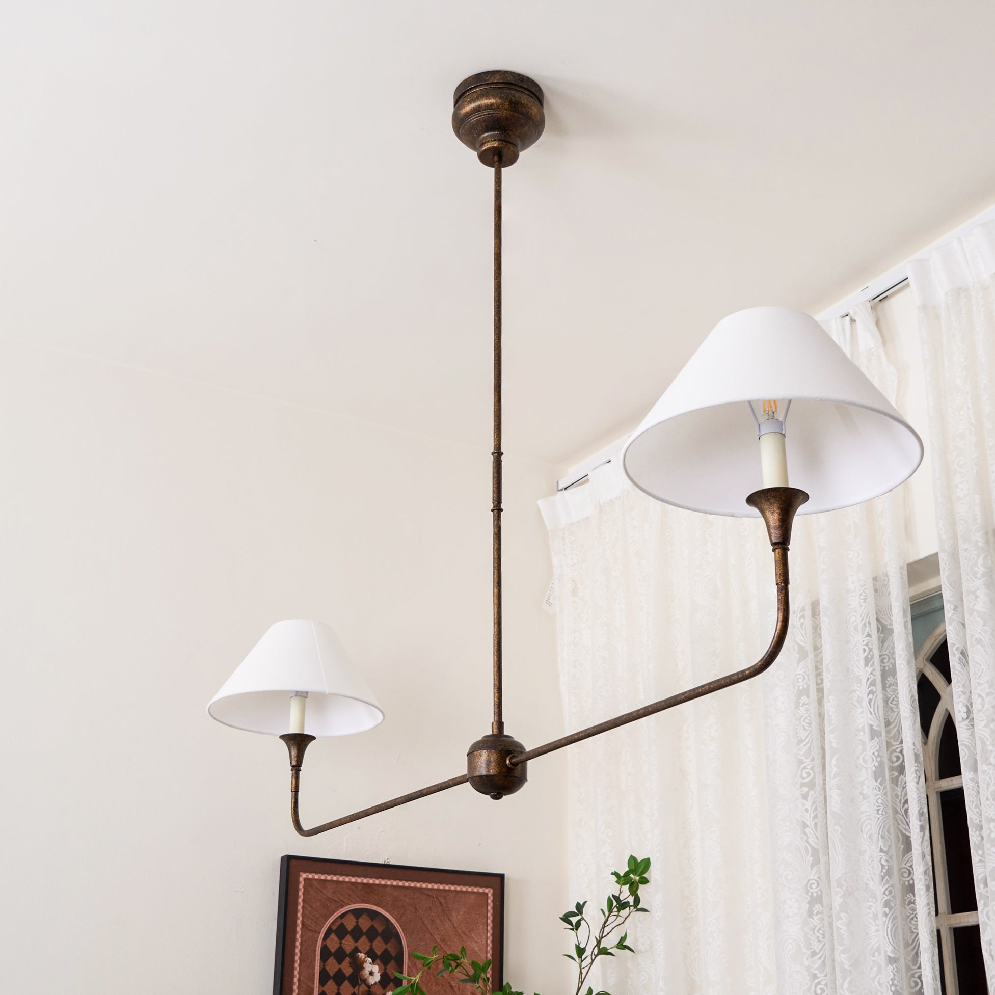 Aera Modern Minimalist Linear Antique Brass Fabric Chandelier - Lamp Copper