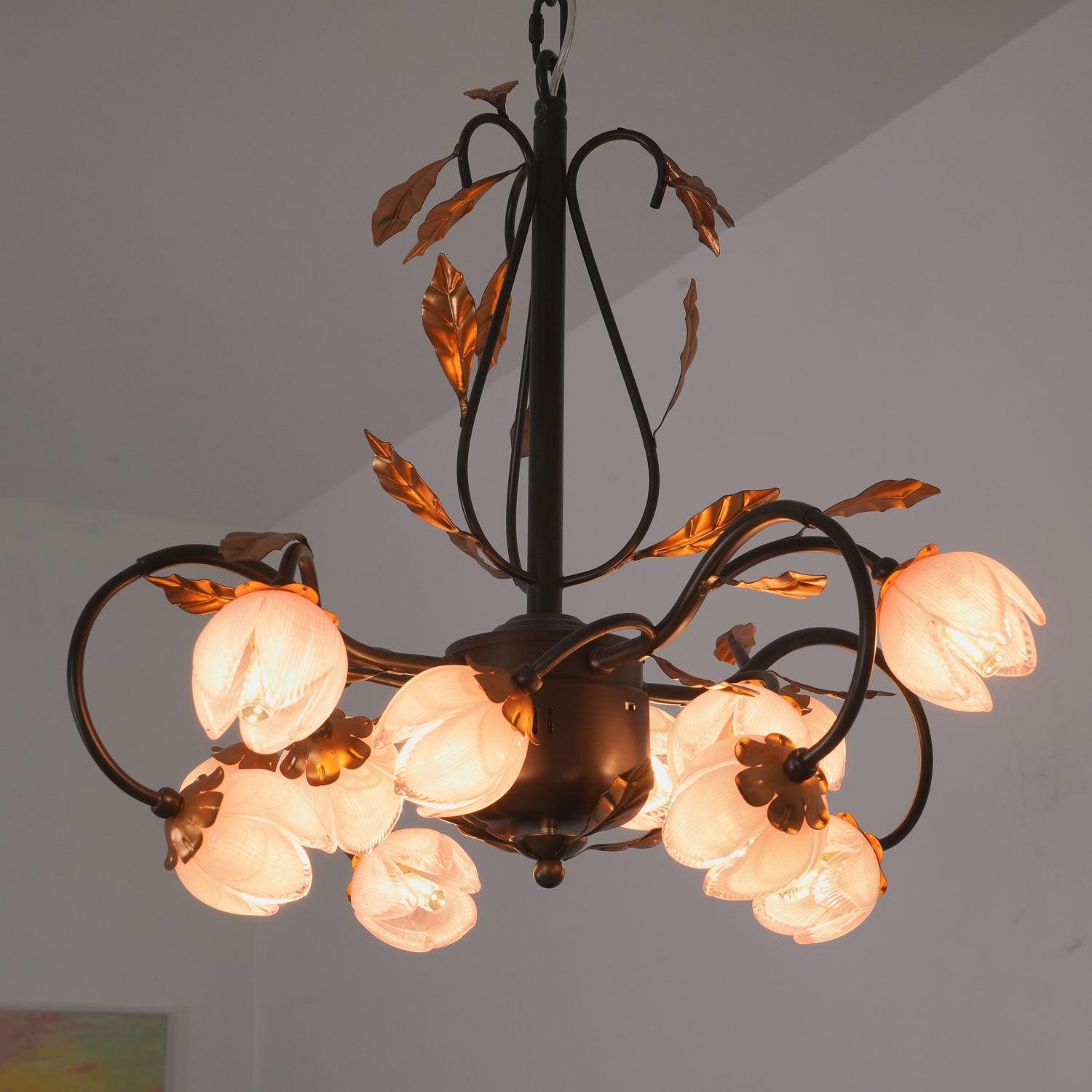 Avelora Vintage Industrial Tulip Pink Glass Metal Chandelier - Lamp Copper