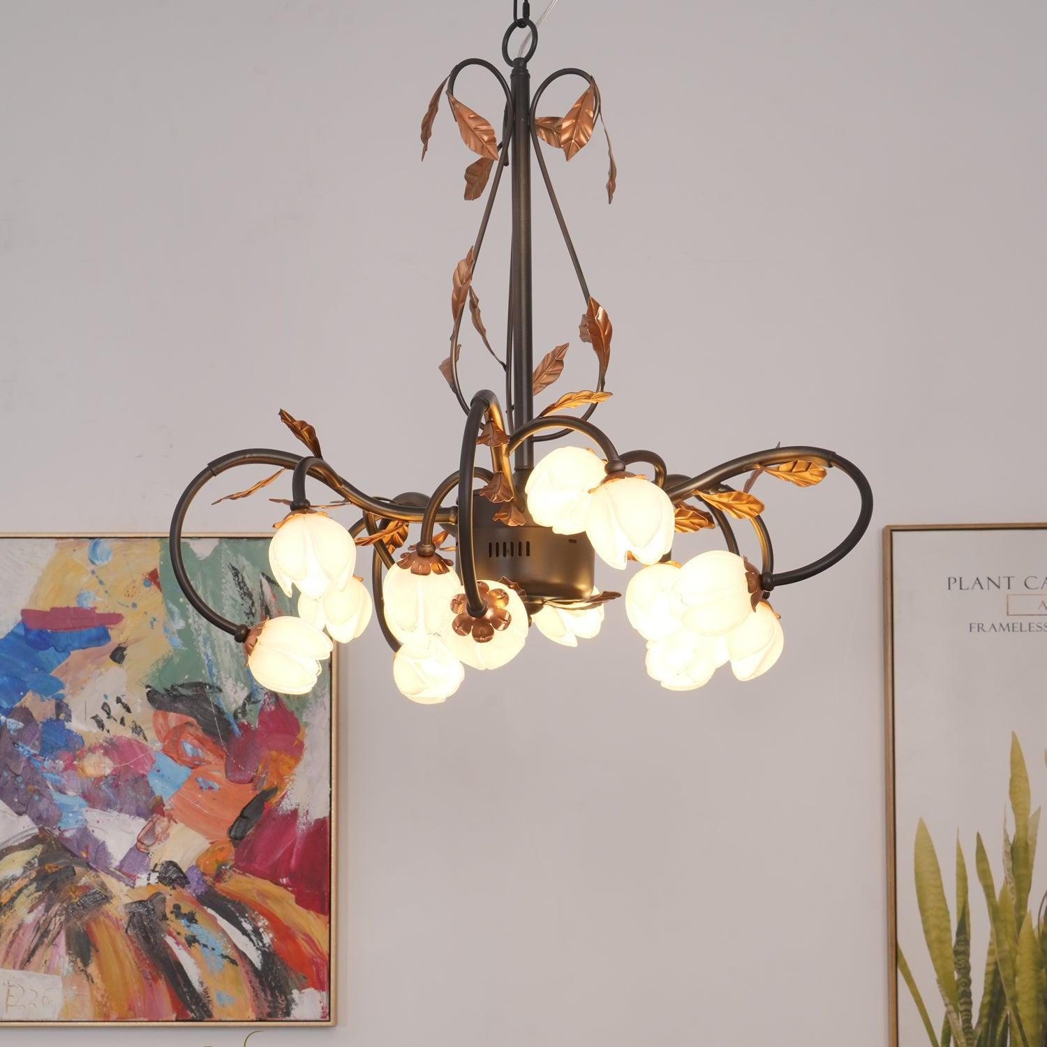 Avelora Vintage Industrial Tulip Pink Glass Metal Chandelier - Lamp Copper
