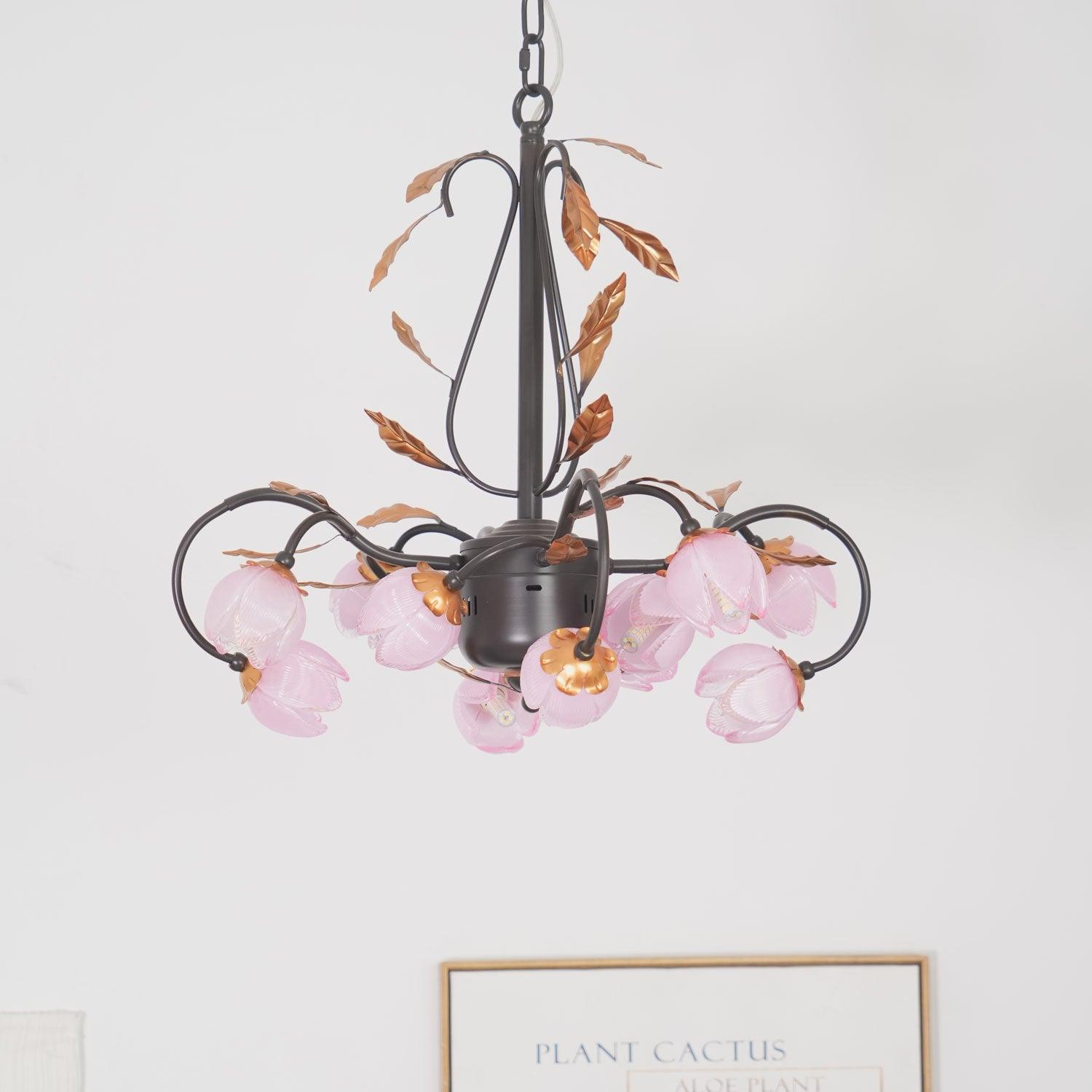 Avelora Vintage Industrial Tulip Pink Glass Metal Chandelier - Lamp Copper