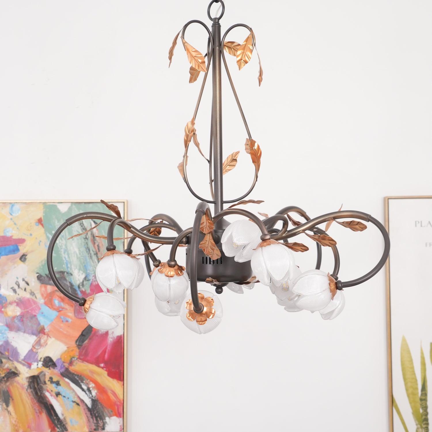 Avelora Vintage Industrial Tulip Pink Glass Metal Chandelier - Lamp Copper