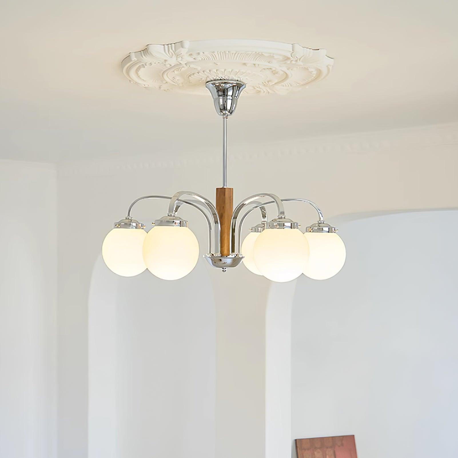 Polaris Chandelier Chrome Wood Six-Arm - Letslighting