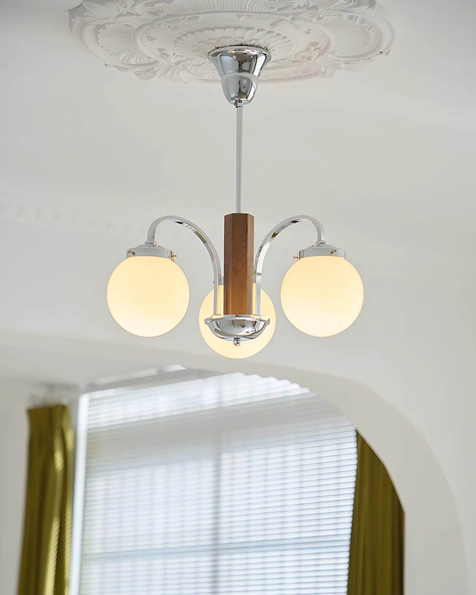 Polaris Chandelier Chrome Wood Six-Arm - Letslighting