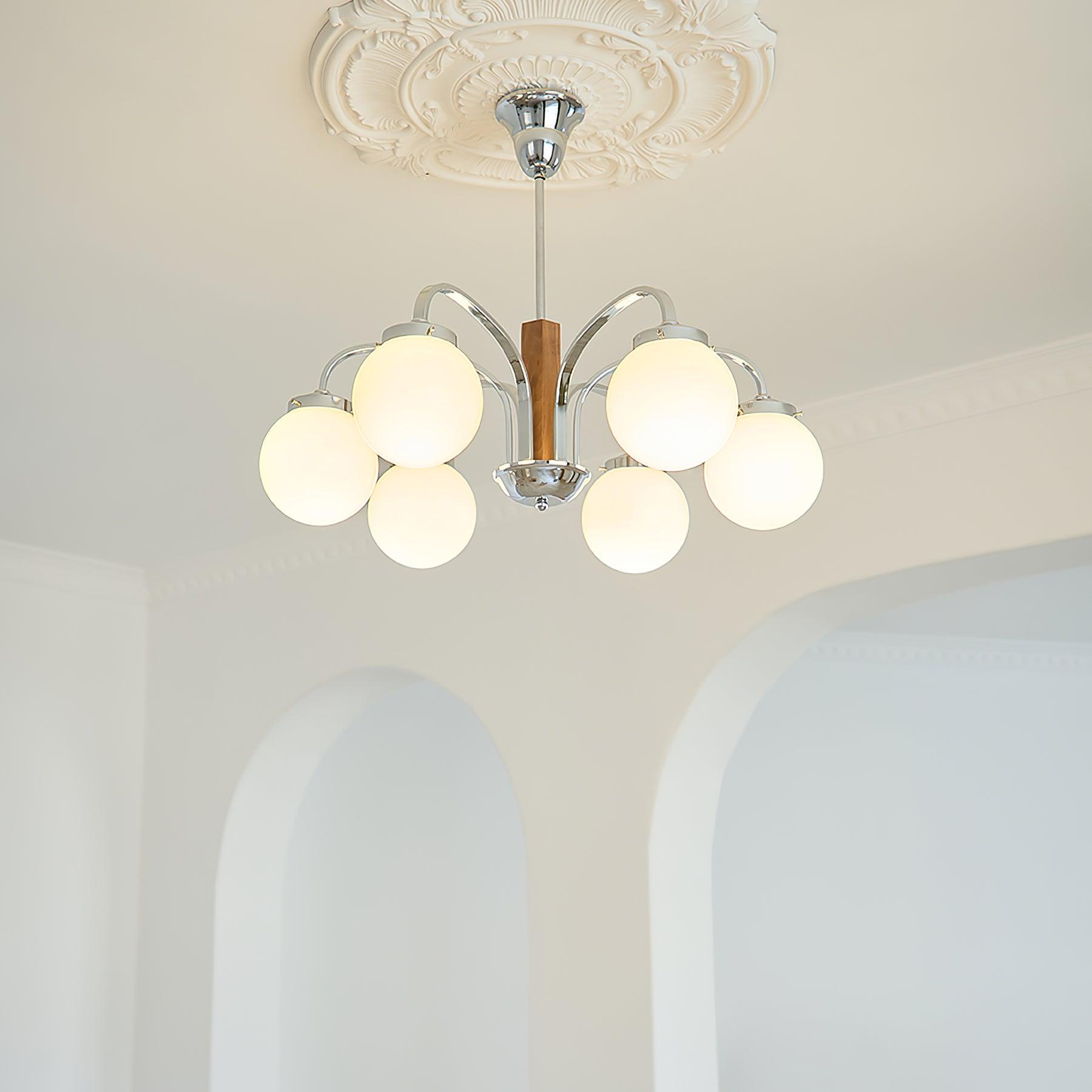 Polaris Chandelier Chrome Wood Six-Arm - Letslighting
