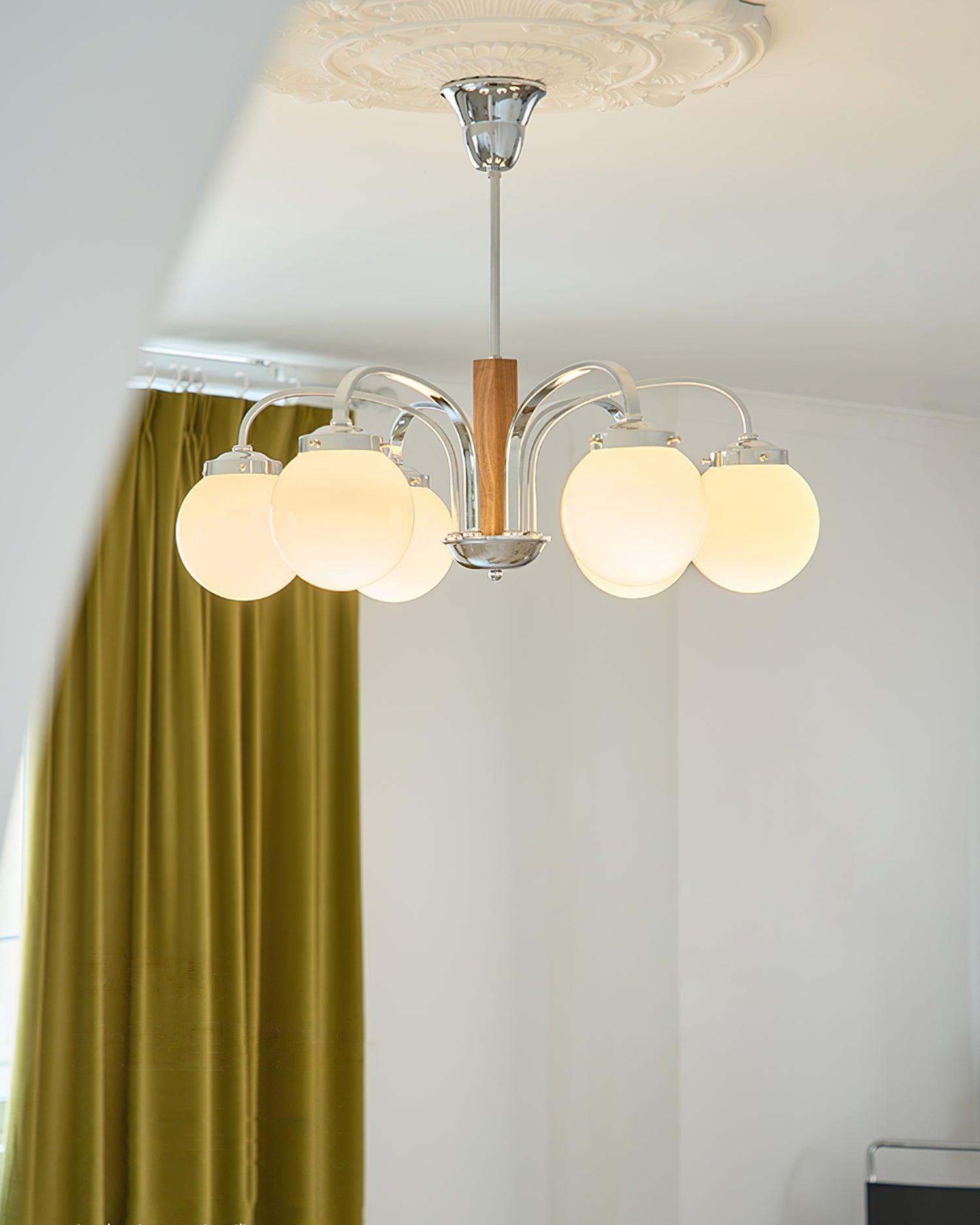 Polaris Chandelier Chrome Wood Six-Arm - Letslighting