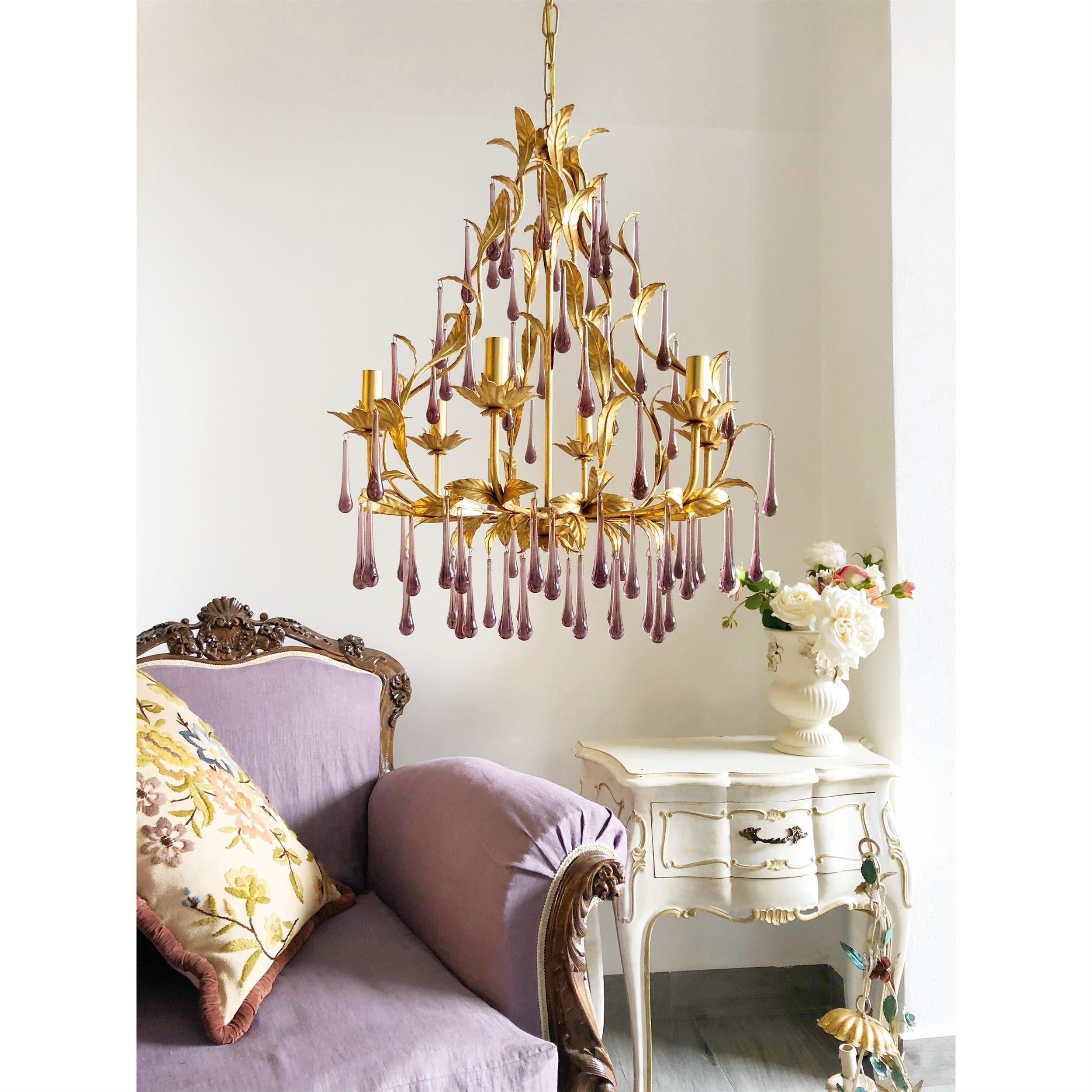 Ilvenel Postmodern Luxury Birdcage Purple Glass Chandelier - Lamp Copper