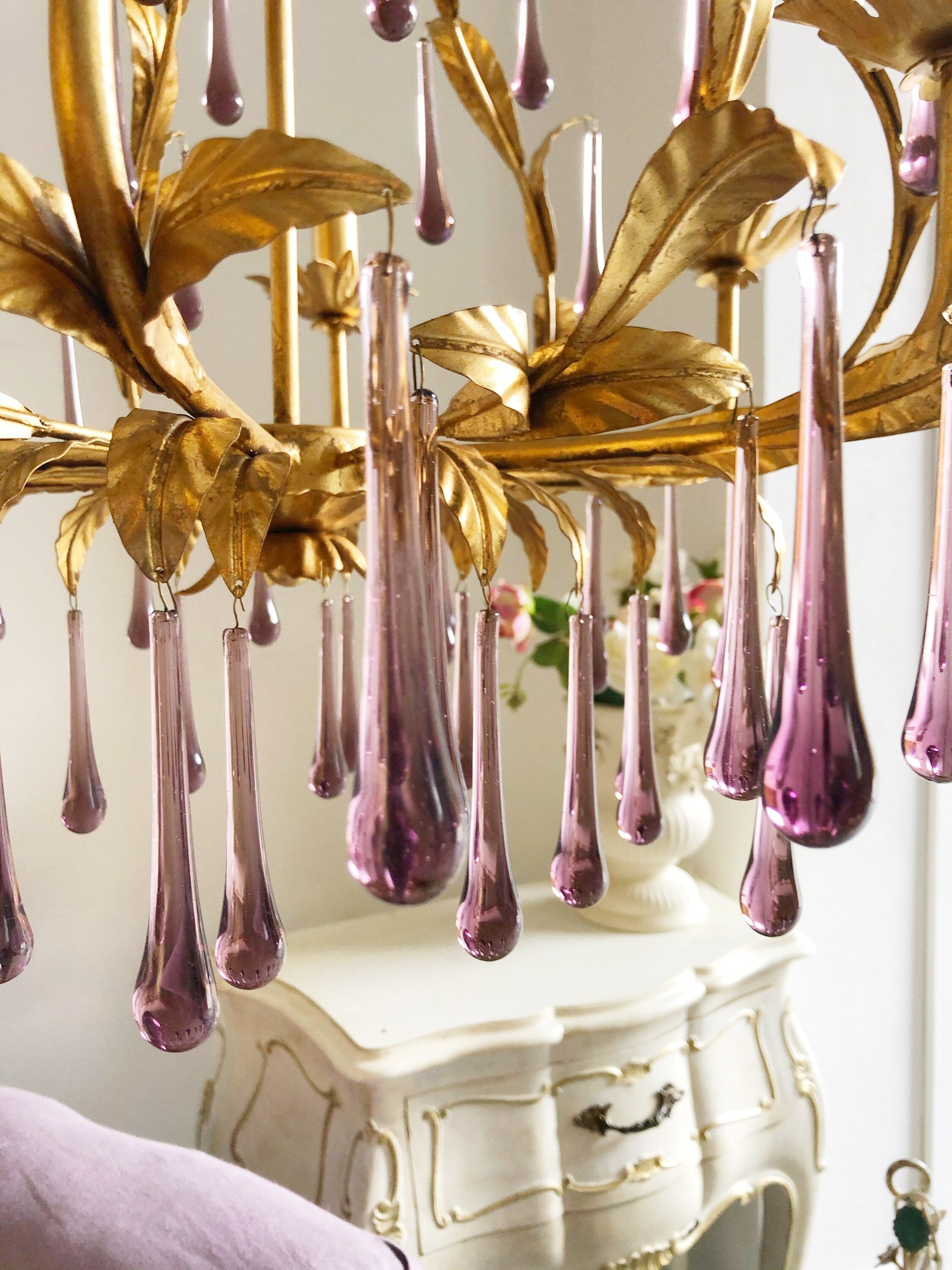 Ilvenel Postmodern Luxury Birdcage Purple Glass Chandelier - Lamp Copper
