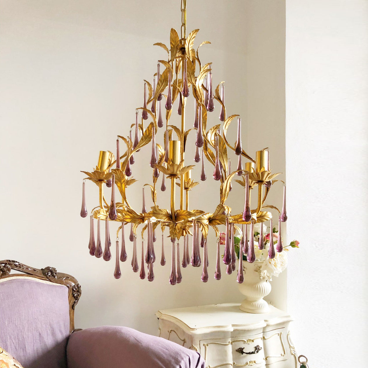 Ilvenel Postmodern Luxury Birdcage Purple Glass Chandelier - Lamp Copper