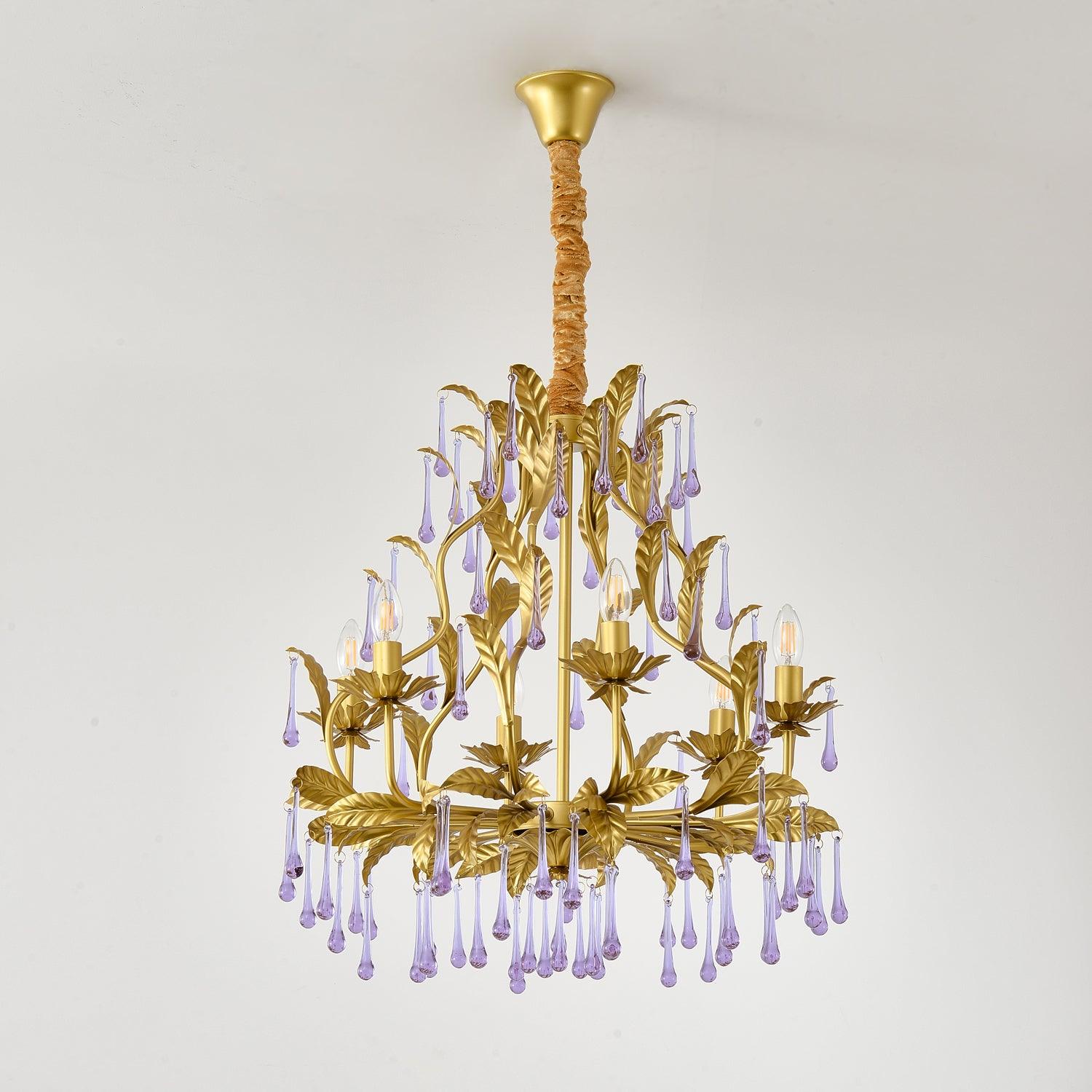 Murano Lustre Gouttes de Cristal Violet Feuilles Dorées - Neutralighting