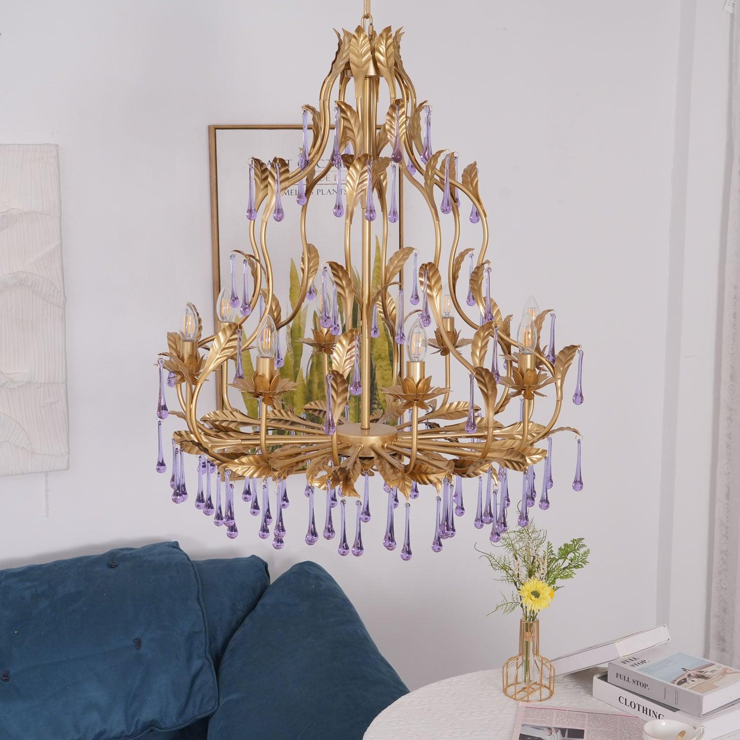 Lustra Lustre Murano Violet Feuilles Dorées Cristal Élégance - Neutralighting