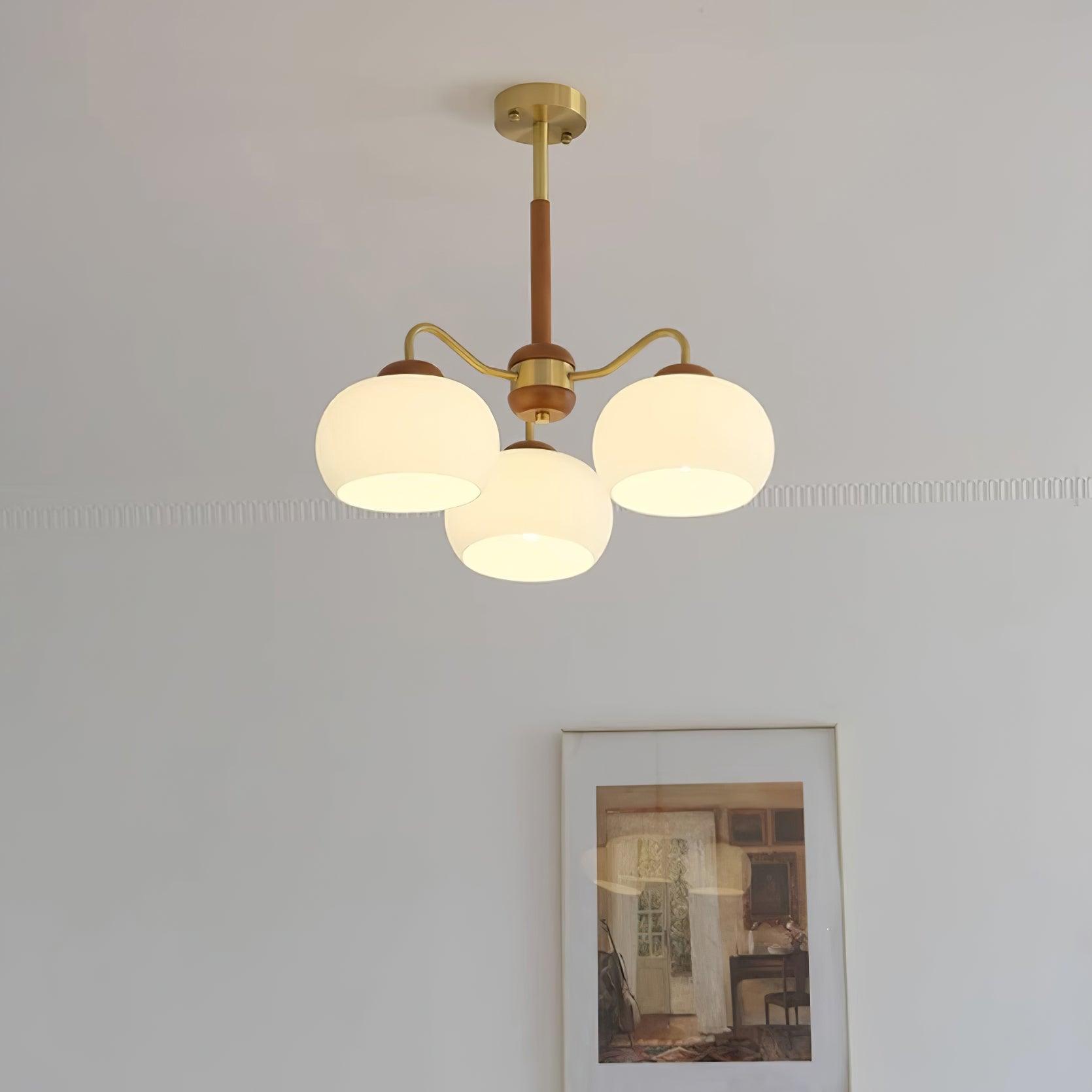 Raito Chandelier Glass Dome Wood Brass - Letslighting