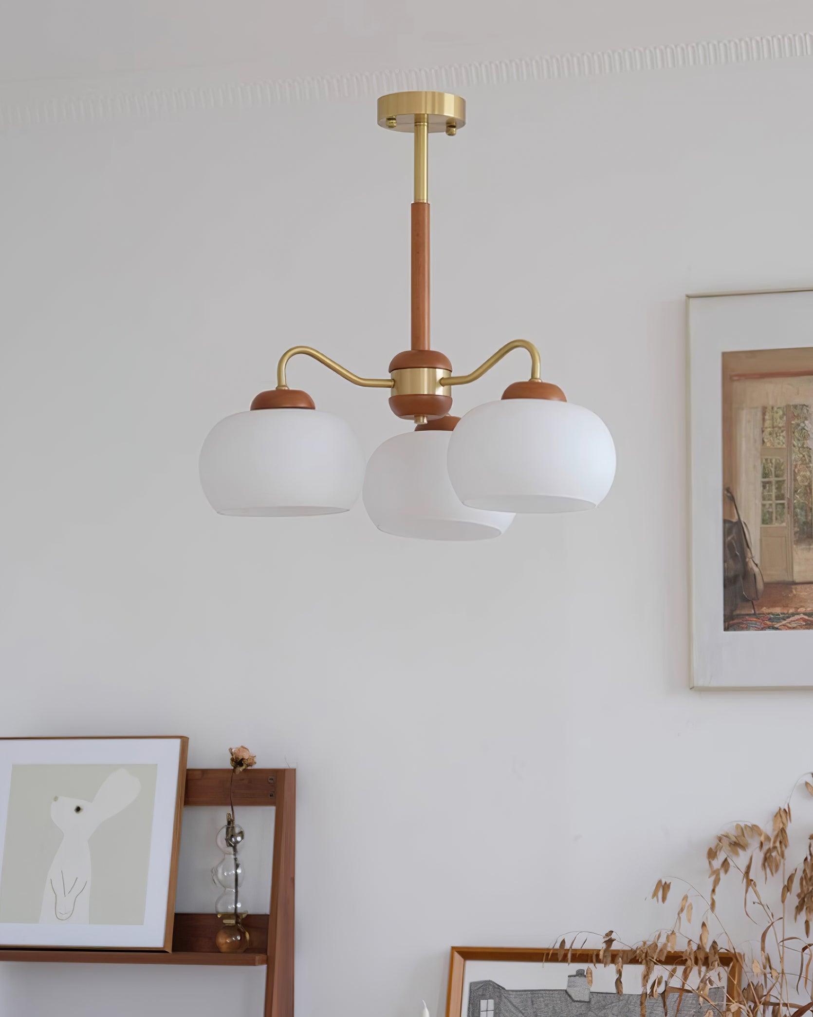 Raito Chandelier Glass Dome Wood Brass - Letslighting