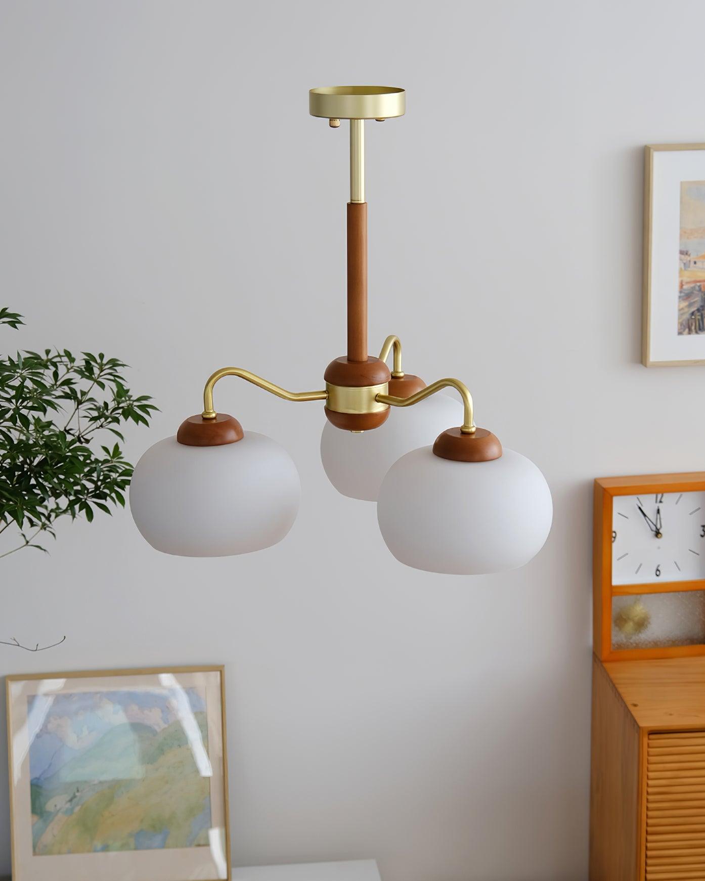 Raito Chandelier Glass Dome Wood Brass - Letslighting