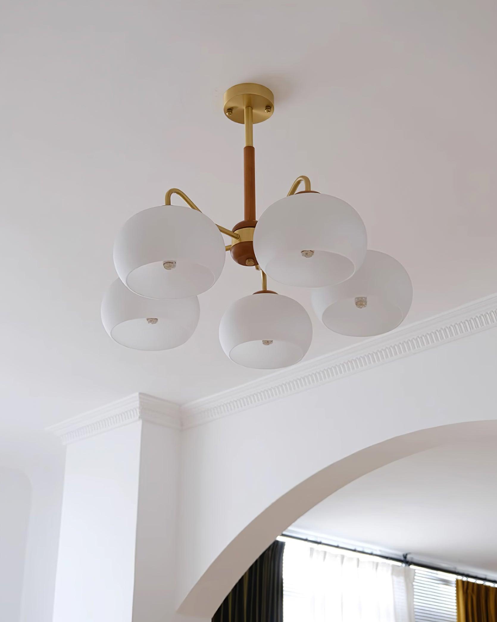 Raito Chandelier Glass Dome Wood Brass - Letslighting