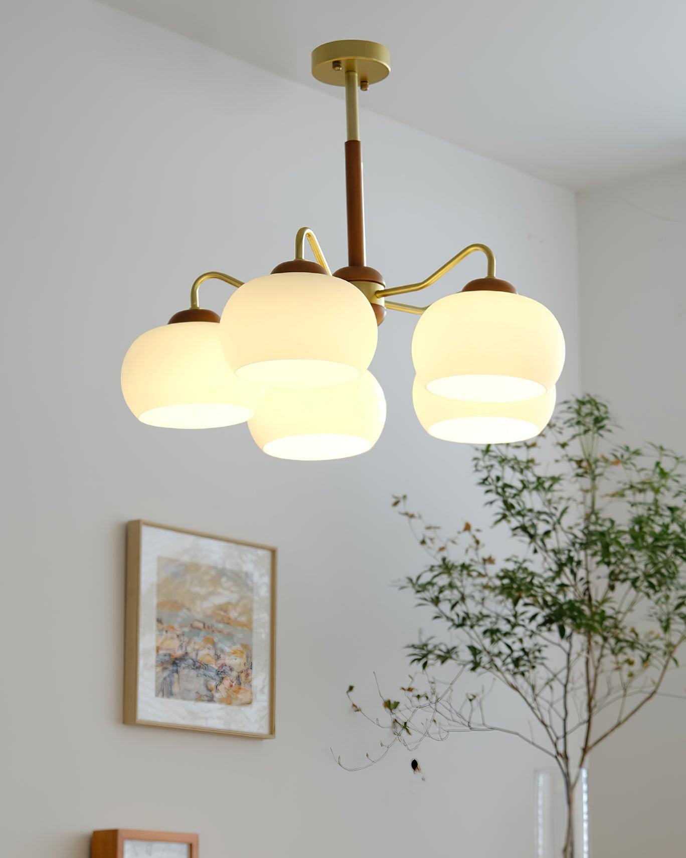 Raito Chandelier Glass Dome Wood Brass - Letslighting