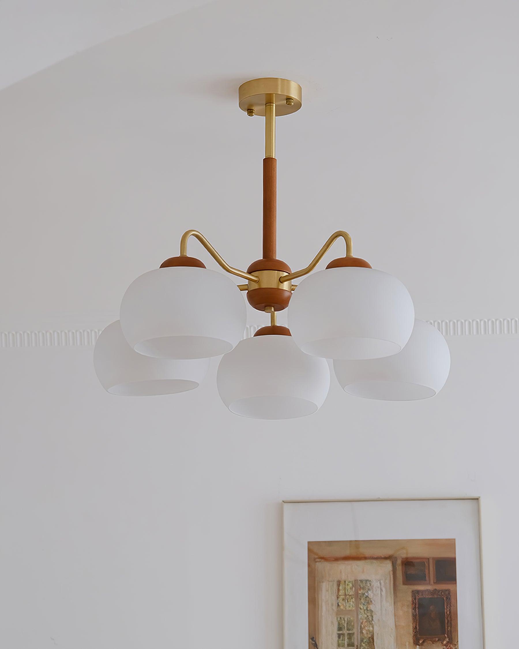 Raito Chandelier Glass Dome Wood Brass - Letslighting