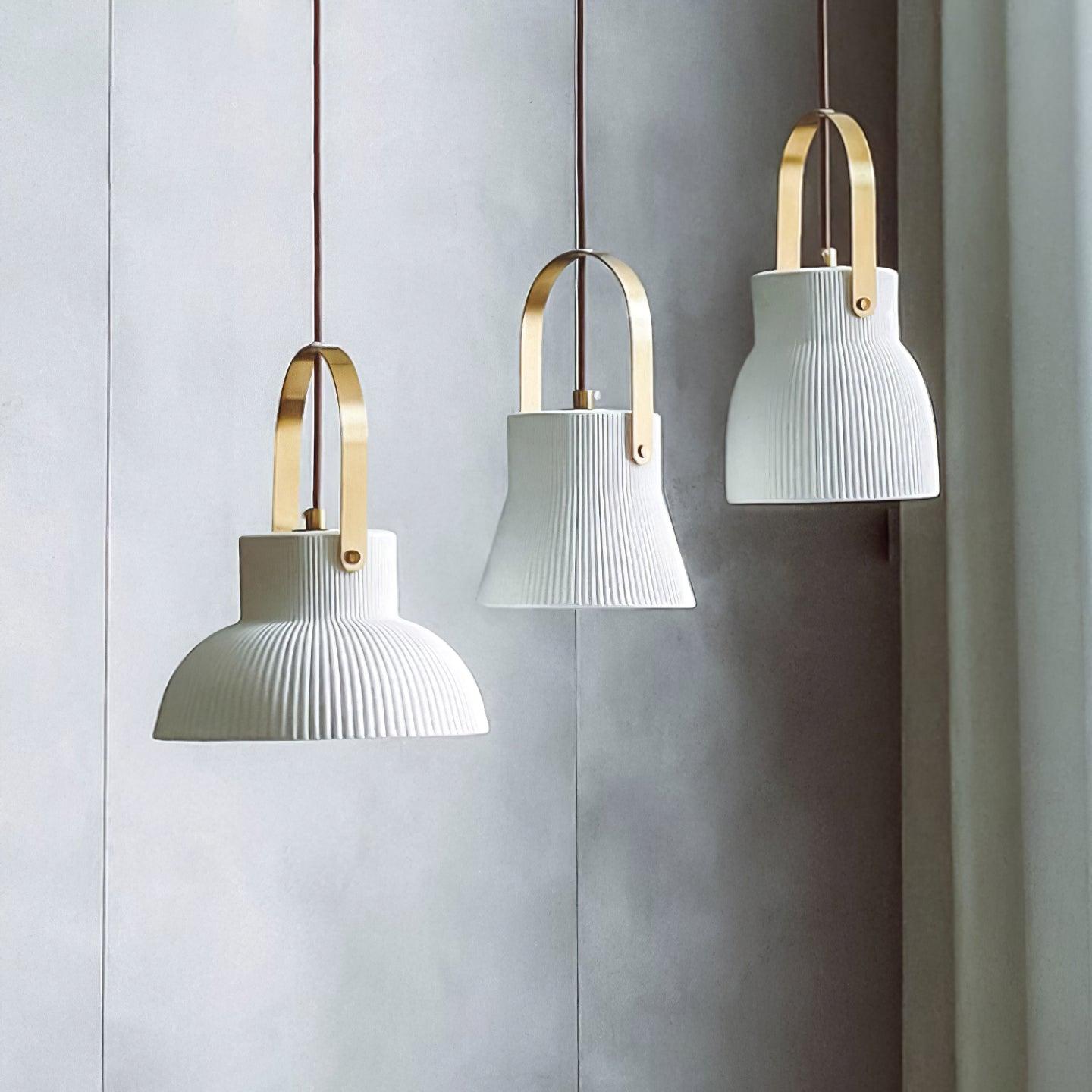 Eclipse Pendant Lamp Ribbed White Ceramic with Brass Handle - Neutralighting