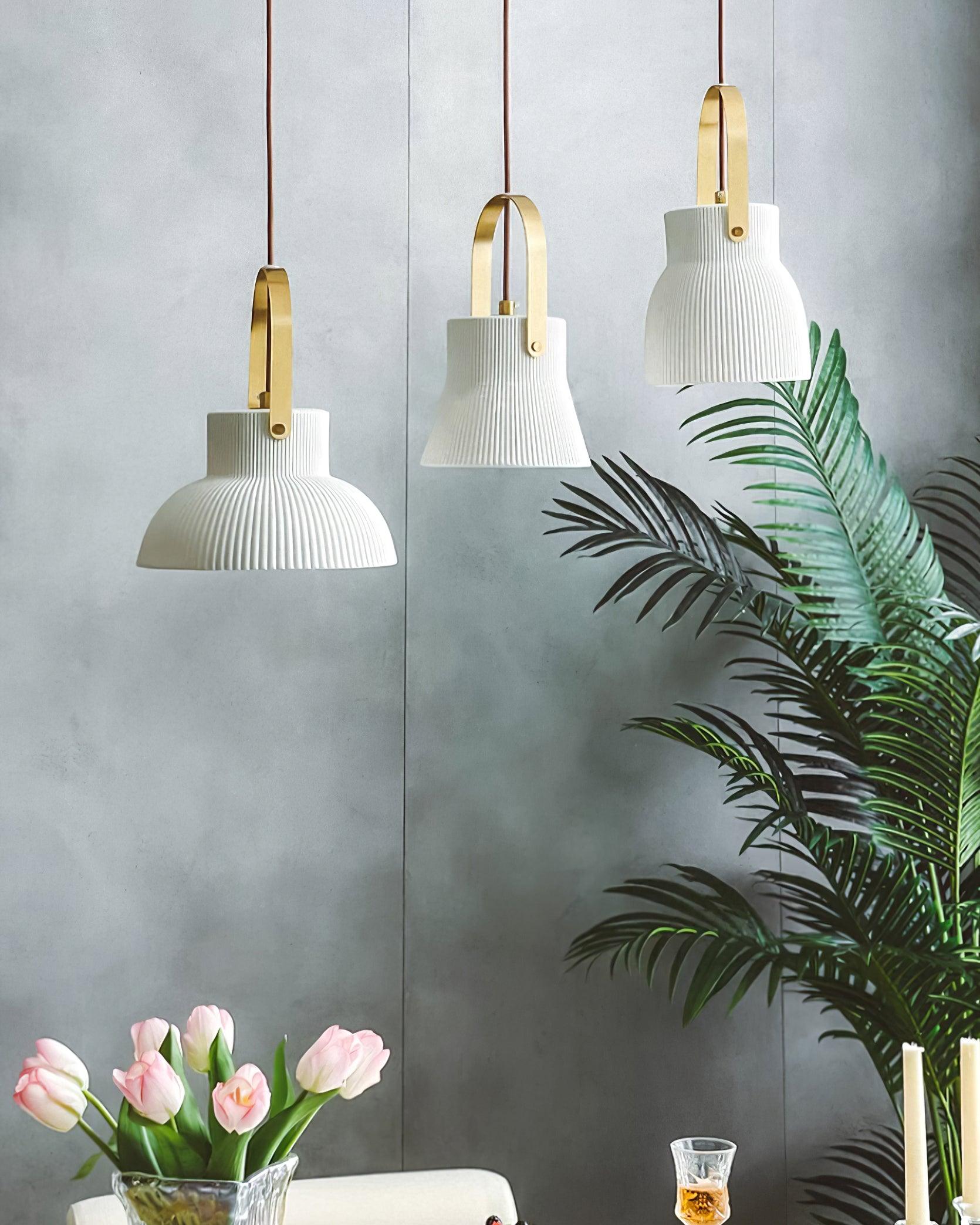 Eclipse Pendant Lamp Ribbed White Ceramic with Brass Handle - Neutralighting