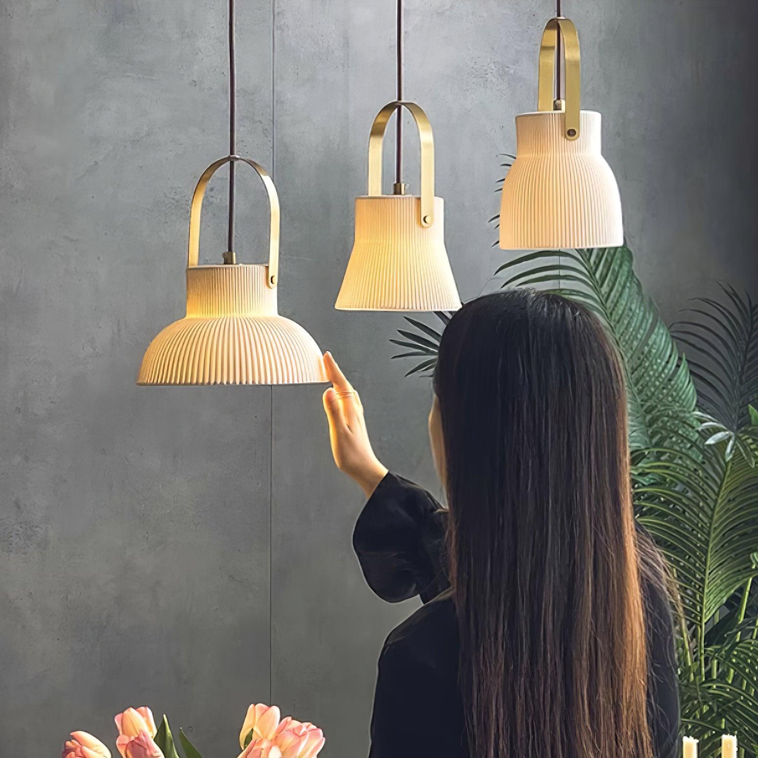 Eclipse Pendant Lamp Ribbed White Ceramic with Brass Handle - Neutralighting