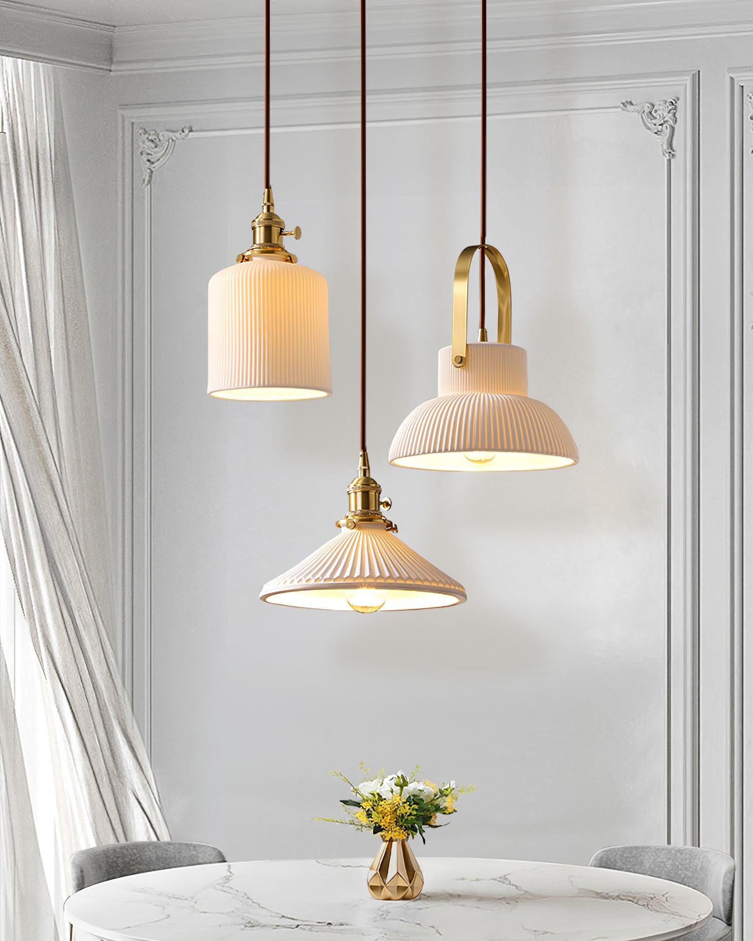 Eclipse Pendant Lamp Ribbed White Ceramic with Brass Handle - Neutralighting