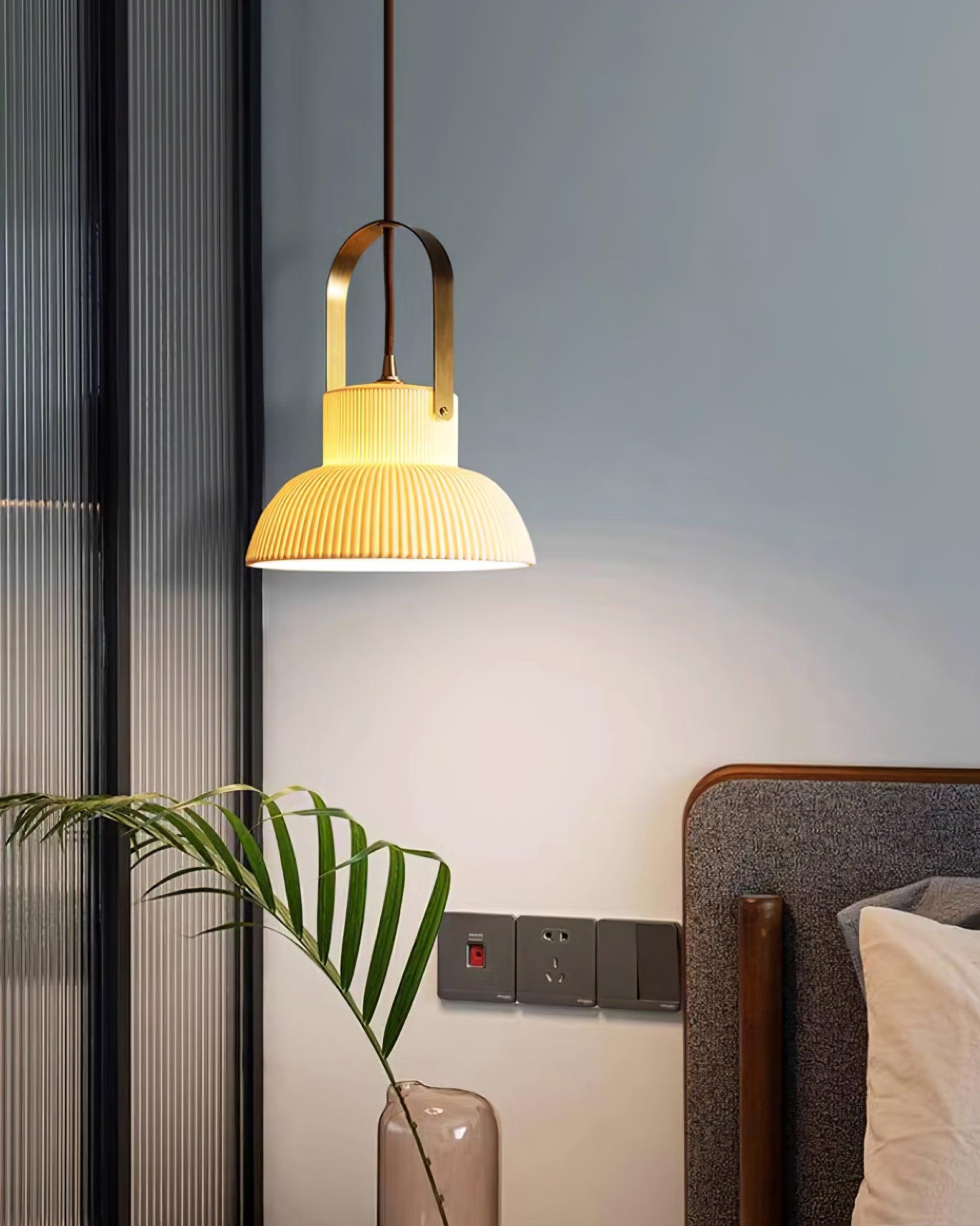 Eclipse Pendant Lamp Ribbed White Ceramic with Brass Handle - Neutralighting
