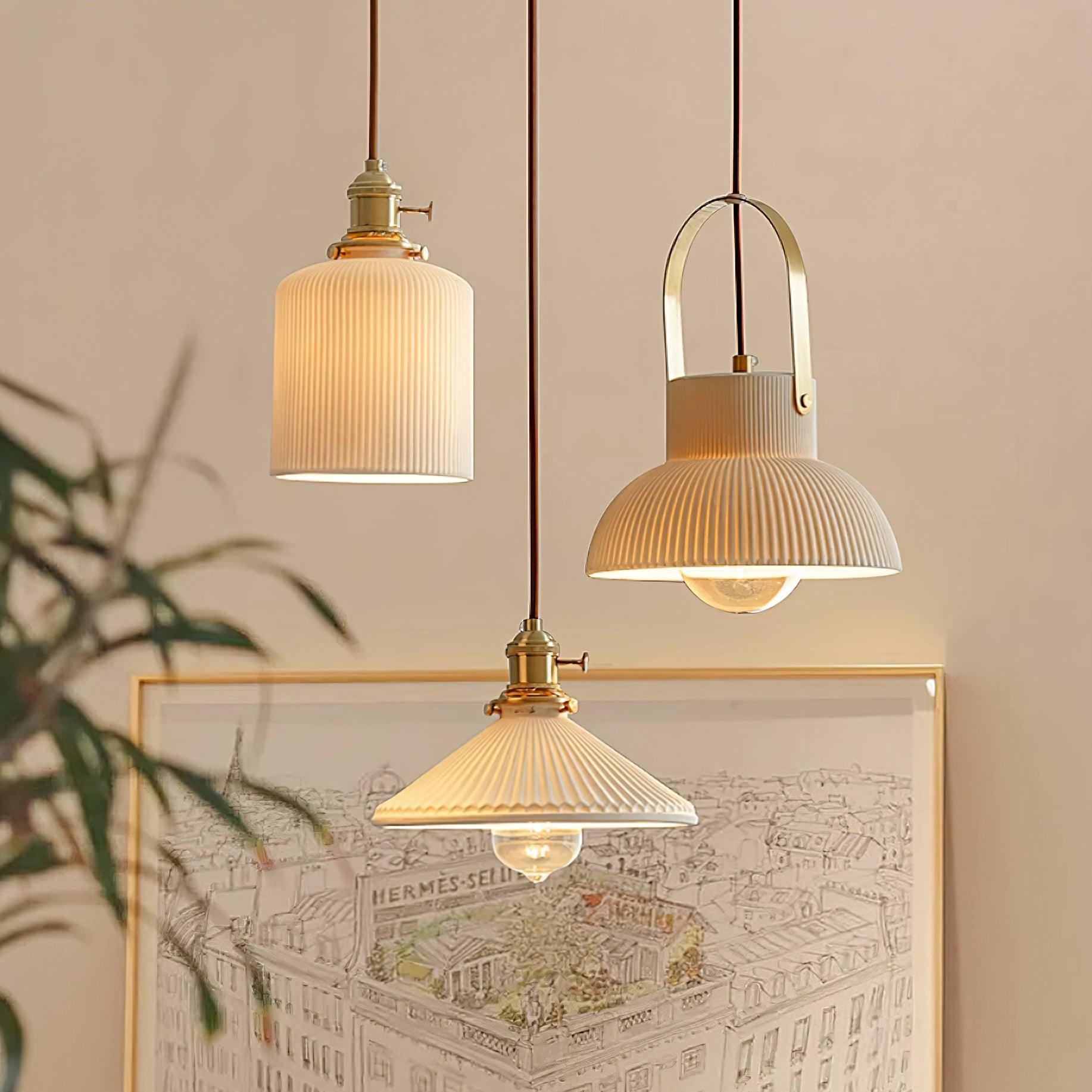 Eclipse Pendant Lamp Ribbed White Ceramic with Brass Handle - Neutralighting