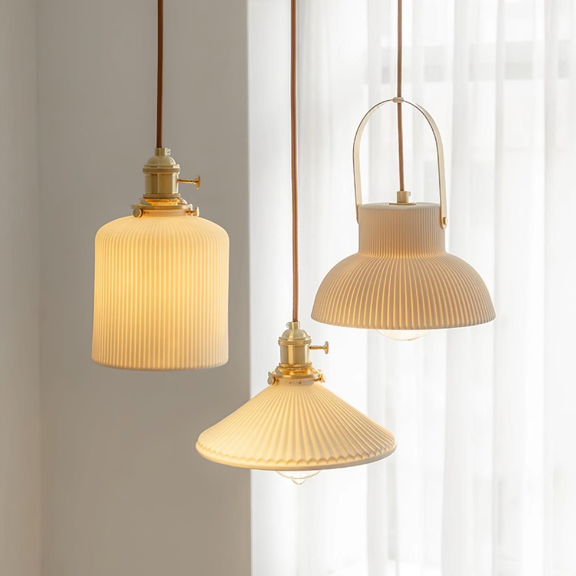 Eclipse Pendant Lamp Ribbed White Ceramic with Brass Handle - Neutralighting