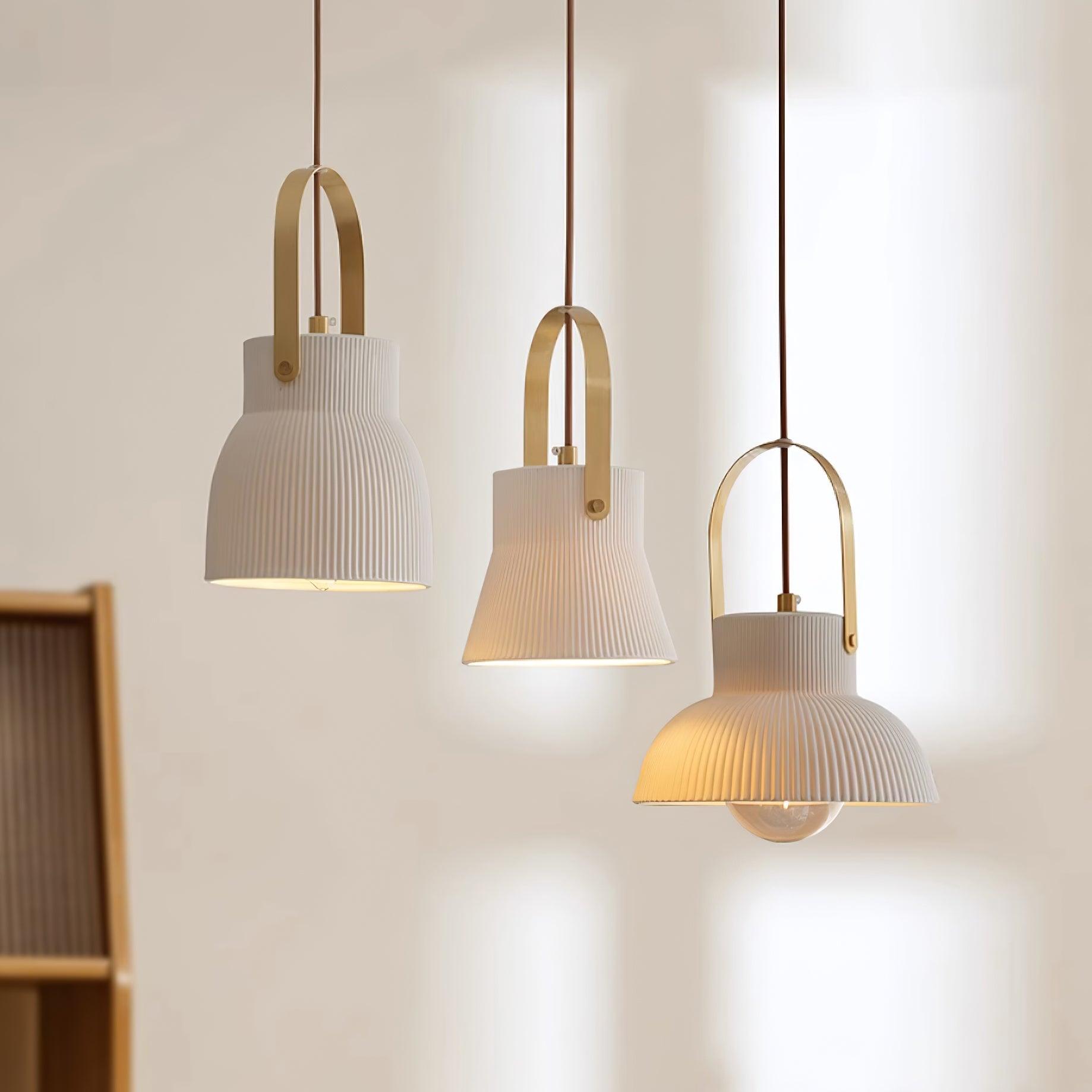 Eclipse Pendant Lamp Ribbed White Ceramic with Brass Handle - Neutralighting