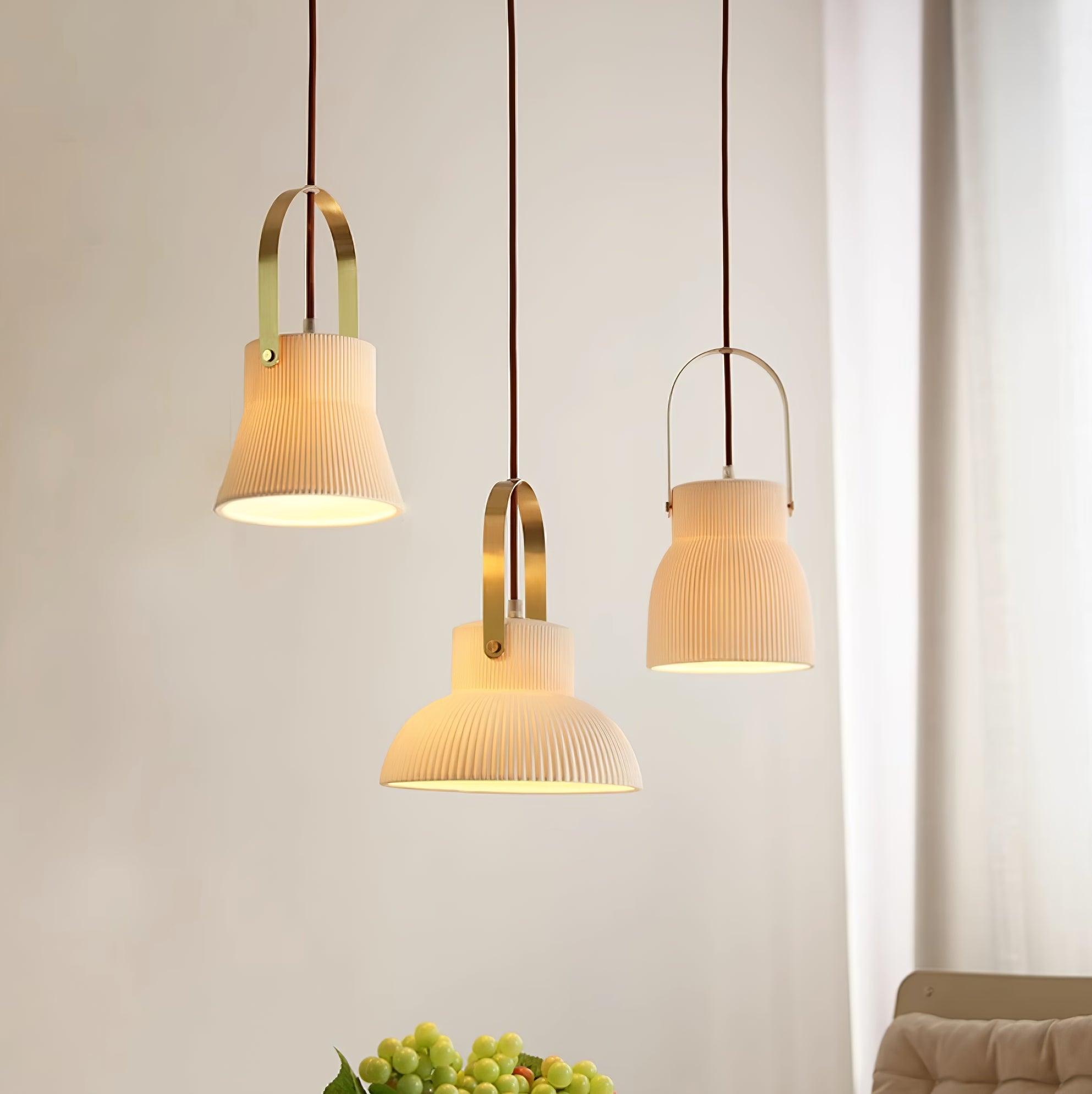 Eclipse Pendant Lamp Ribbed White Ceramic with Brass Handle - Neutralighting