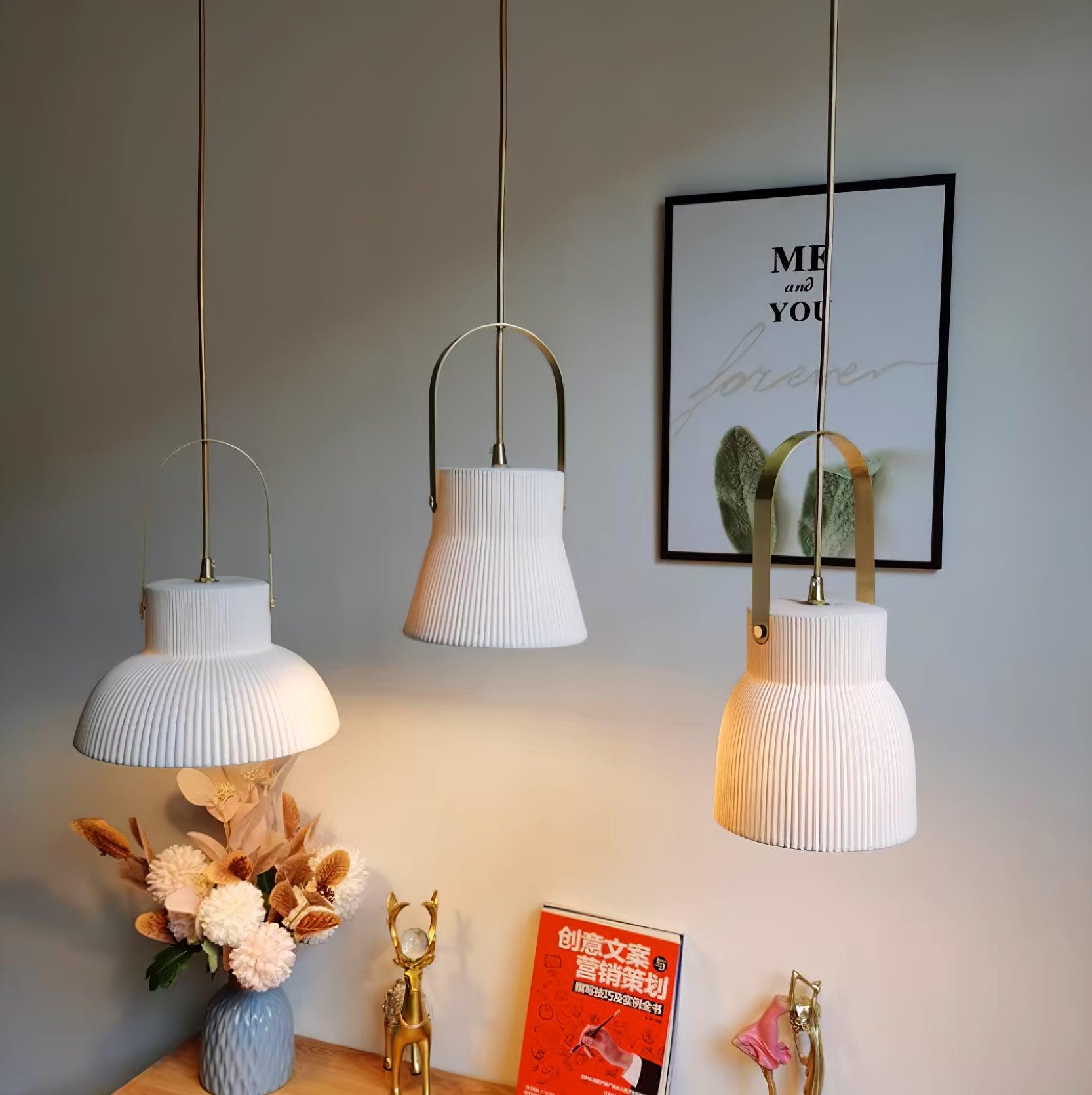 Eclipse Pendant Lamp Ribbed White Ceramic with Brass Handle - Neutralighting