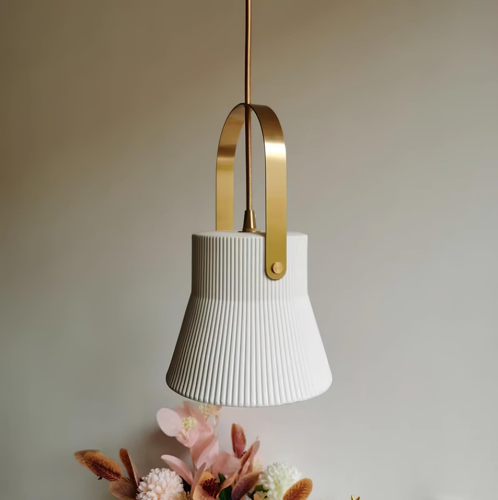 Eclipse Pendant Lamp Ribbed White Ceramic with Brass Handle - Neutralighting