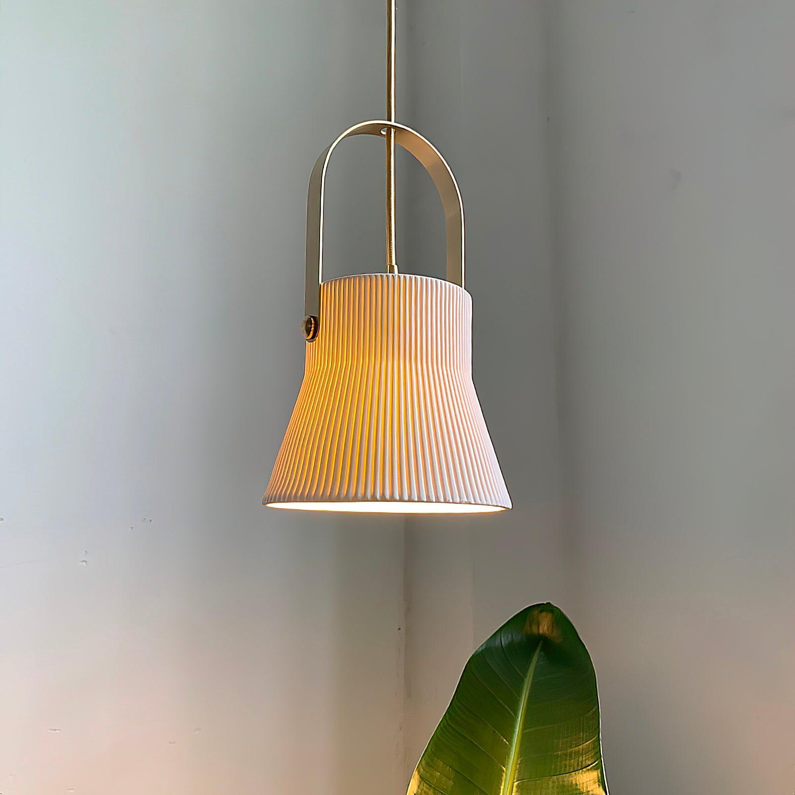 Eclipse Pendant Lamp Ribbed White Ceramic with Brass Handle - Neutralighting