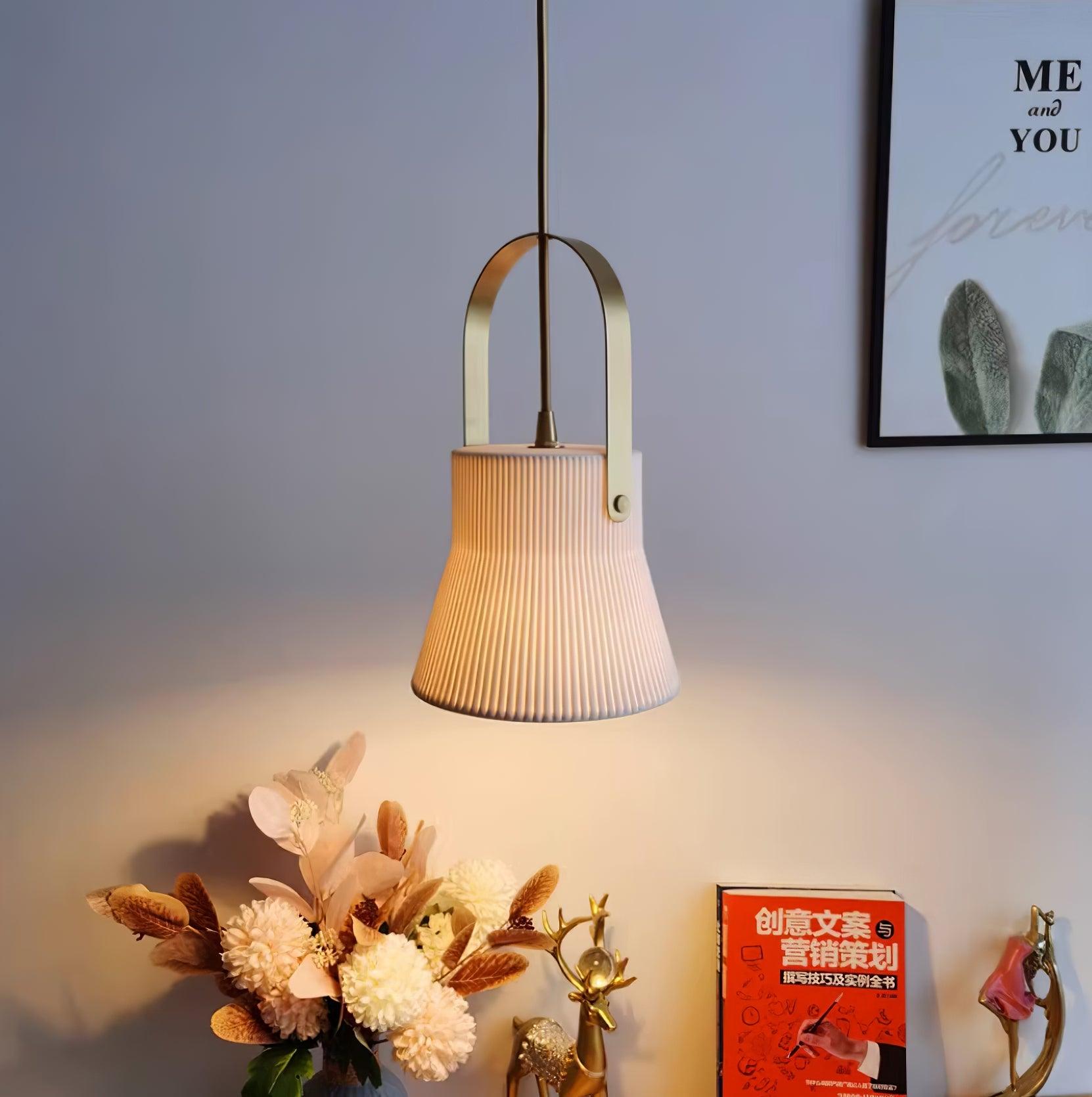 Eclipse Pendant Lamp Ribbed White Ceramic with Brass Handle - Neutralighting