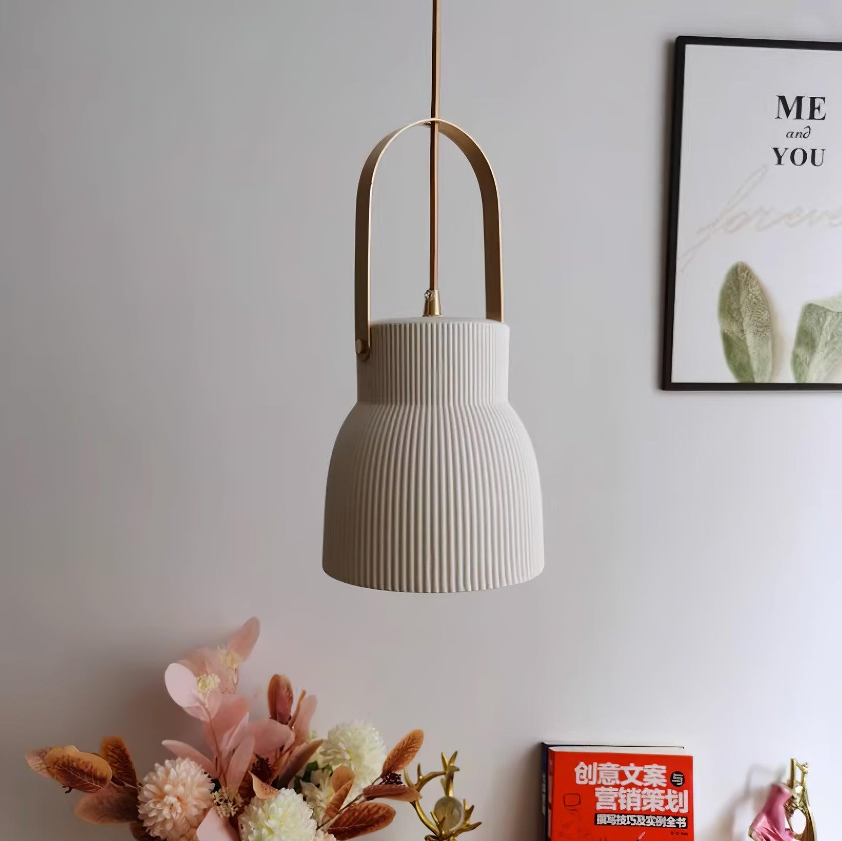 Eclipse Pendant Lamp Ribbed White Ceramic with Brass Handle - Neutralighting