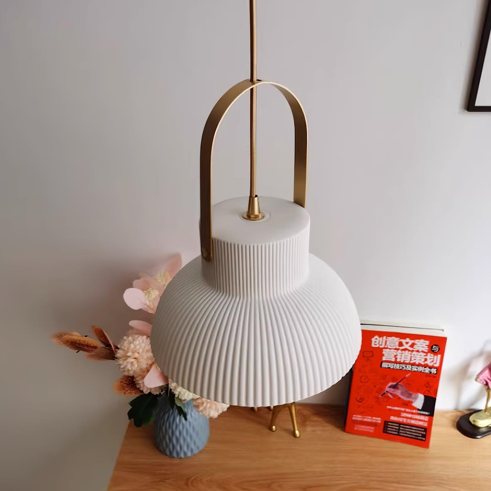 Eclipse Pendant Lamp Ribbed White Ceramic with Brass Handle - Neutralighting
