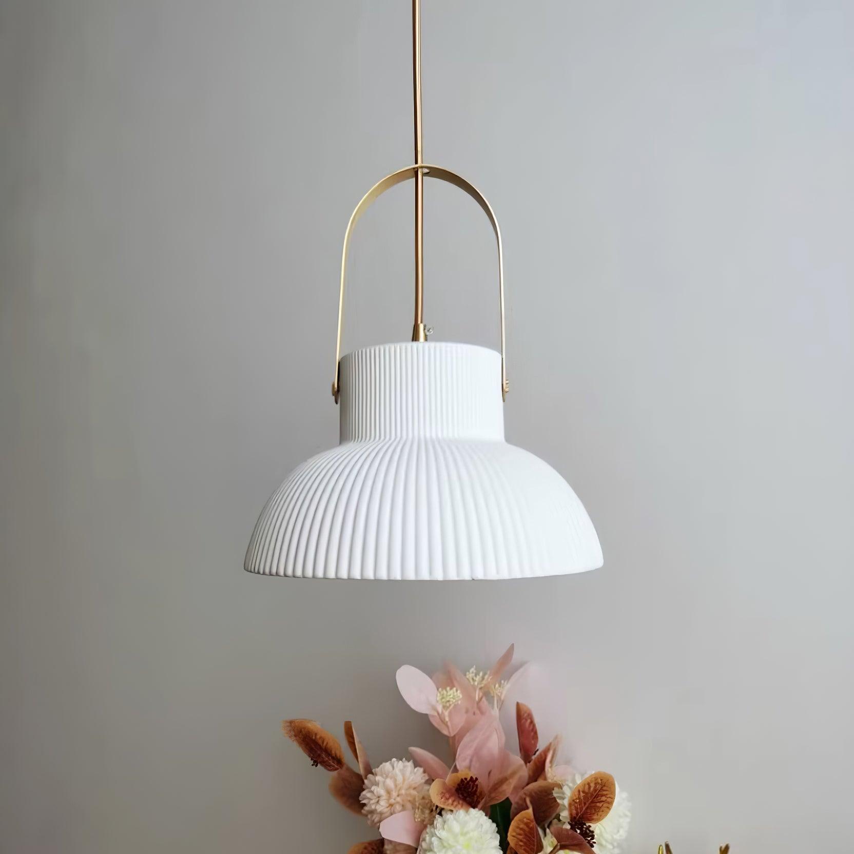 Eclipse Pendant Lamp Ribbed White Ceramic with Brass Handle - Neutralighting