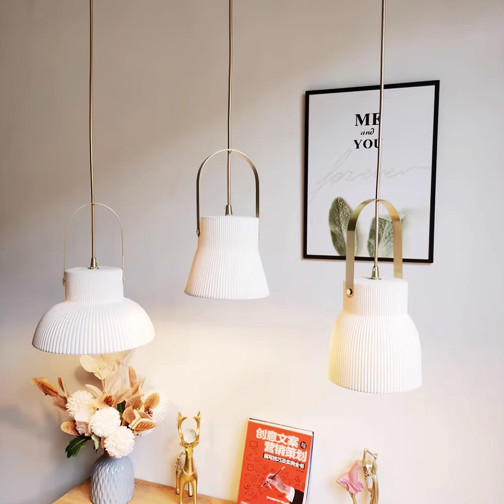 Eclipse Pendant Lamp Ribbed White Ceramic with Brass Handle - Neutralighting