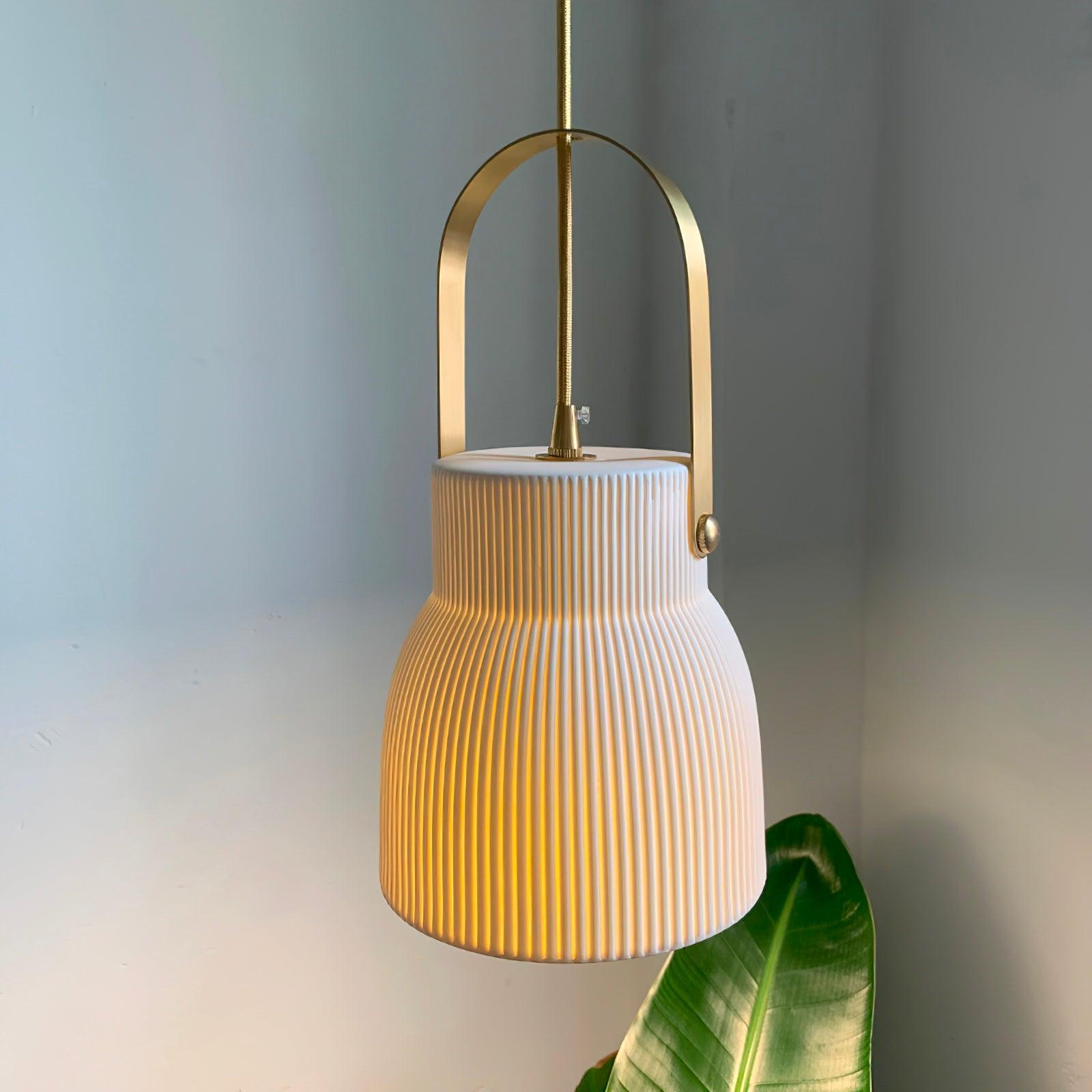 Eclipse Pendant Lamp Ribbed White Ceramic with Brass Handle - Neutralighting